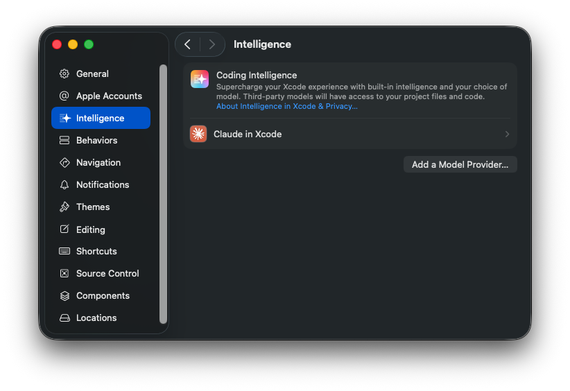 Screenshot of Xcode settings intelligent