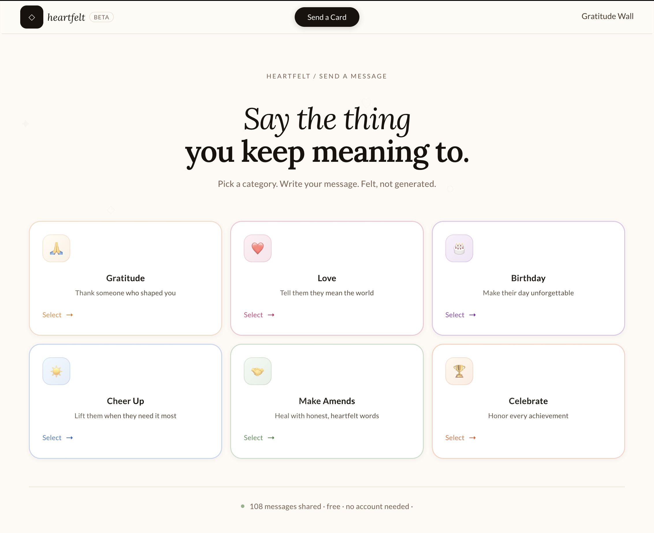 Heartfelt dashboard — six categories