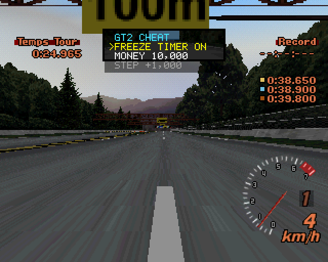 Le menu GT2 CHEAT pendant un permis