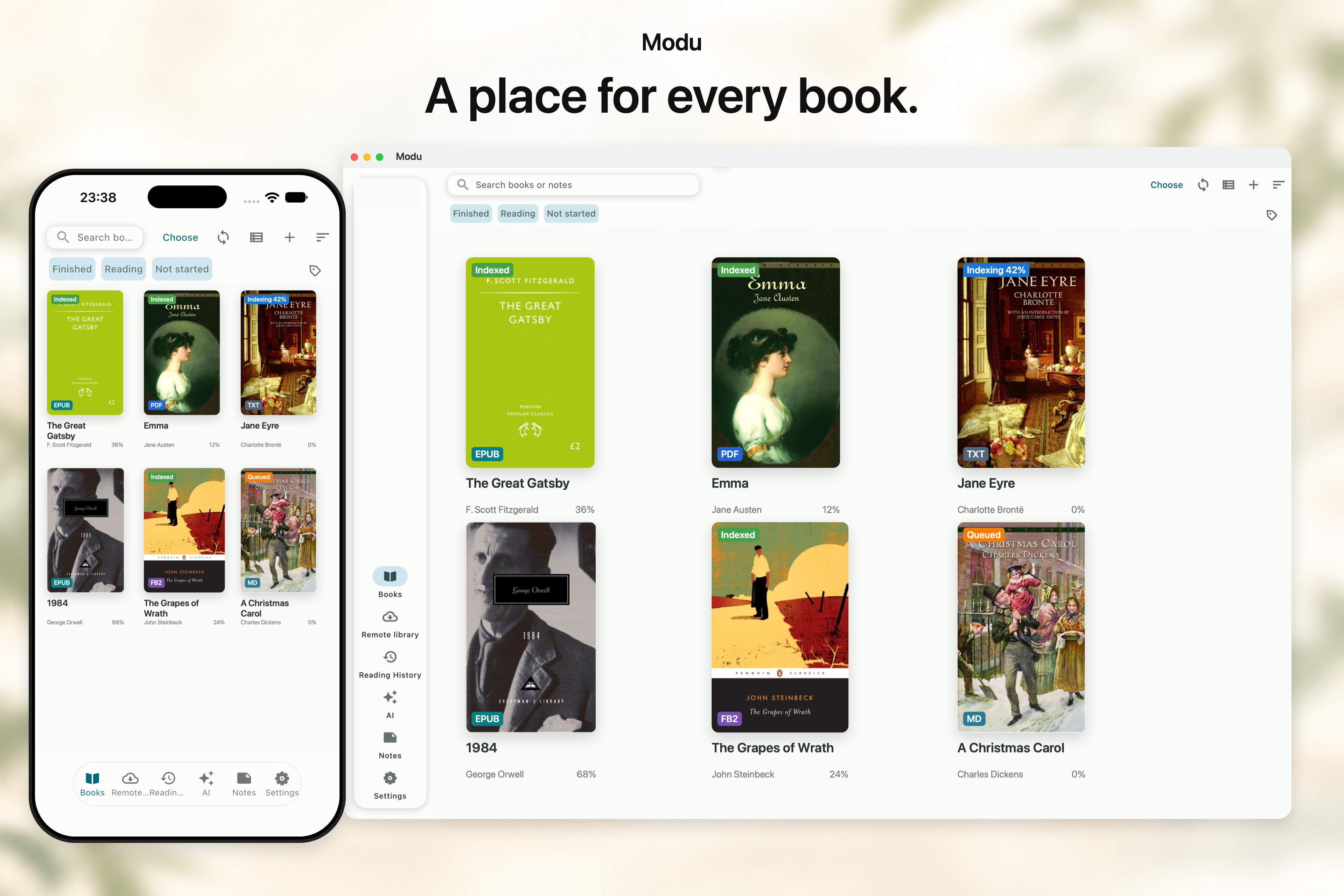 English classics on the bookshelf, with format badges and Indexed, Indexing and Queued states