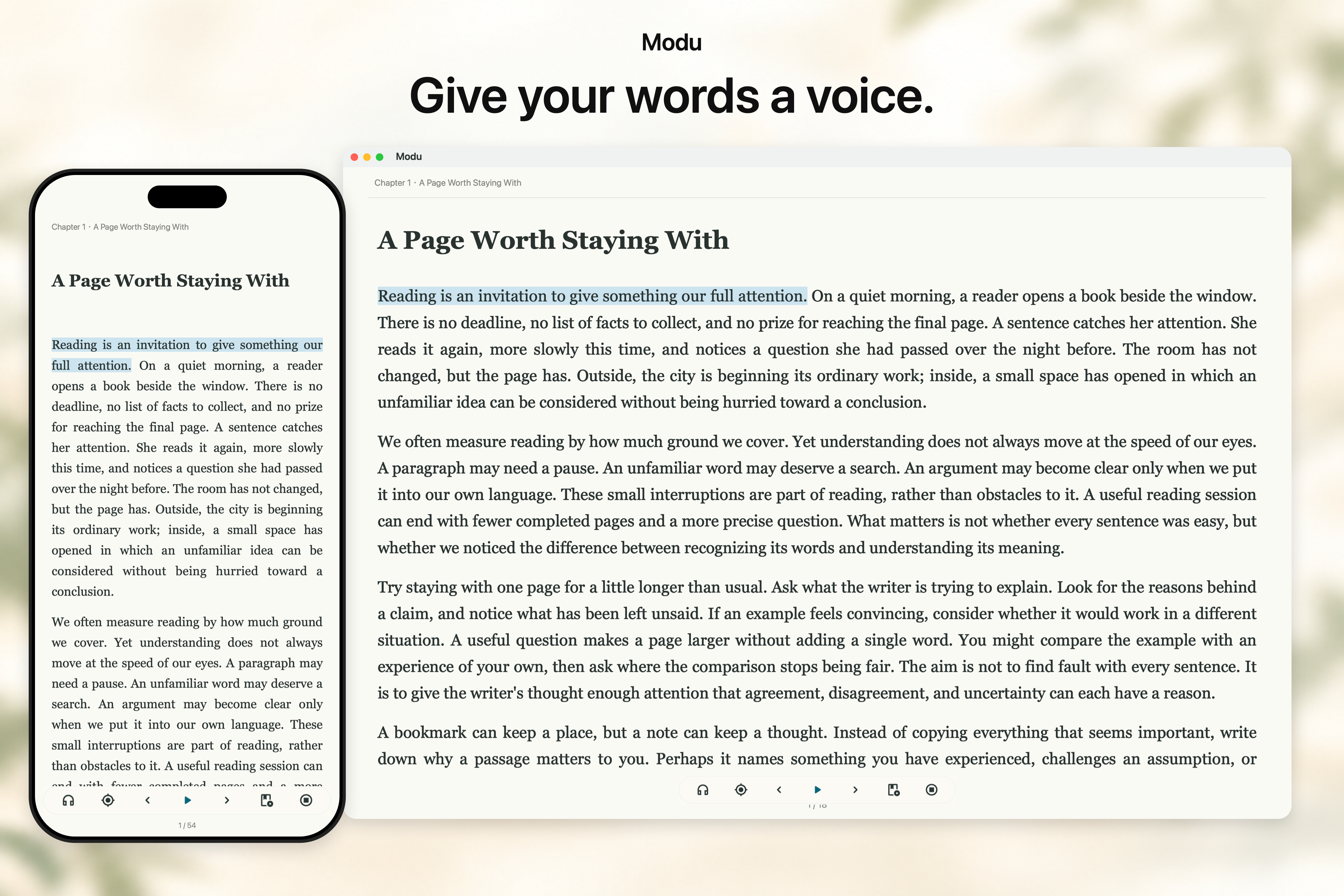 The same highlighted passage and complete playback toolbar on iPhone and Mac