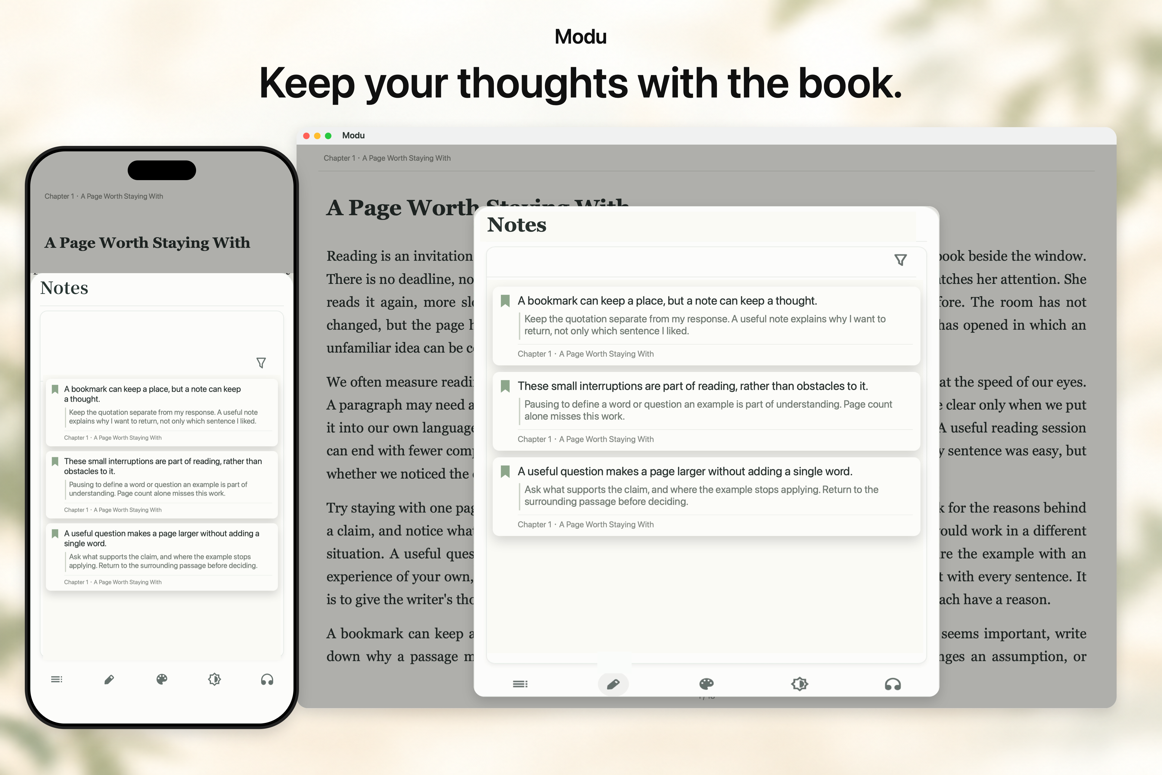 iPhone and Mac notes panels with sample quotations and comments based on the demo book