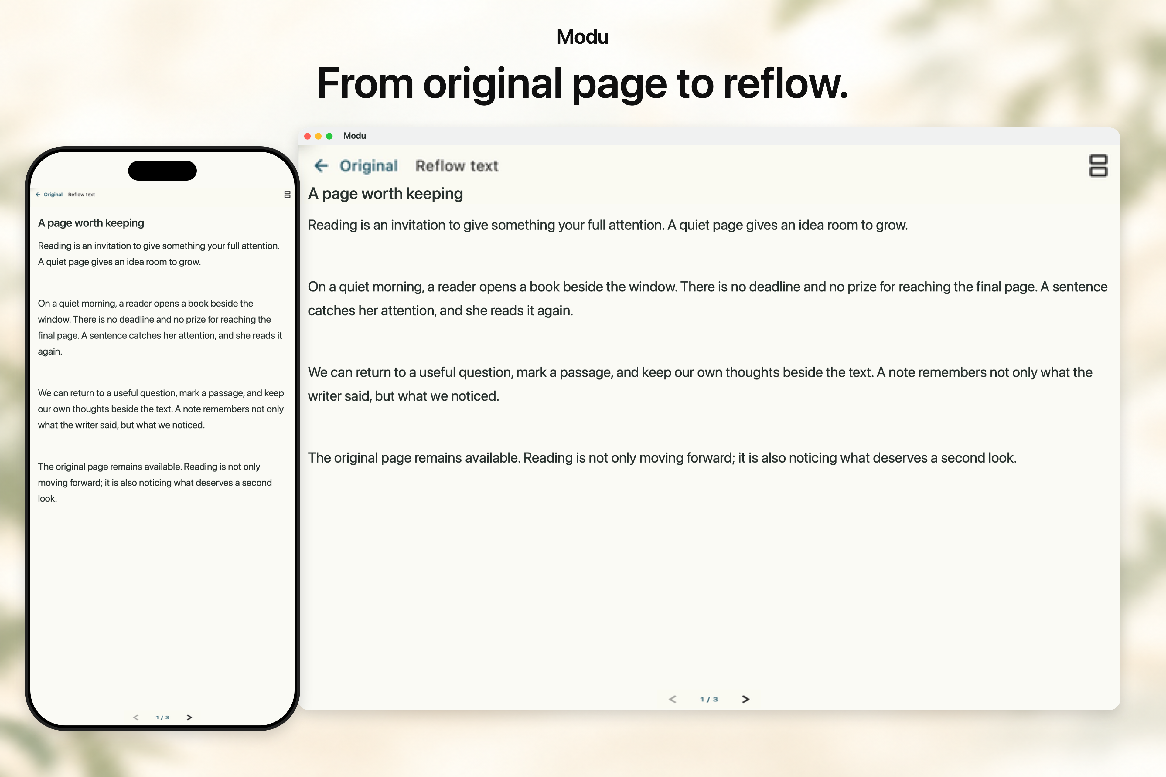 Reflowed text from the same English demo PDF on iPhone and Mac