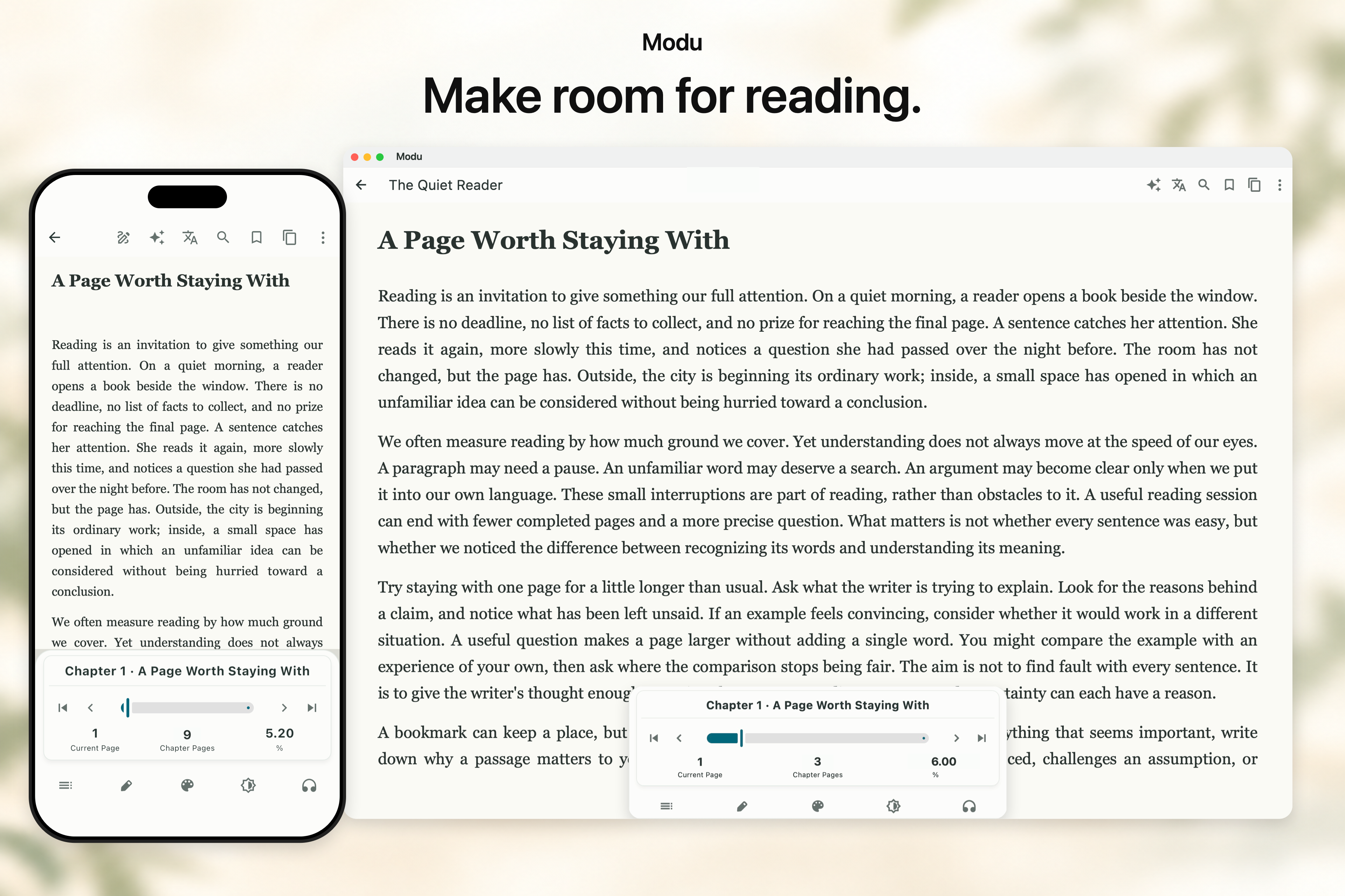 Single-column reading and progress-slider menus on iPhone and Mac
