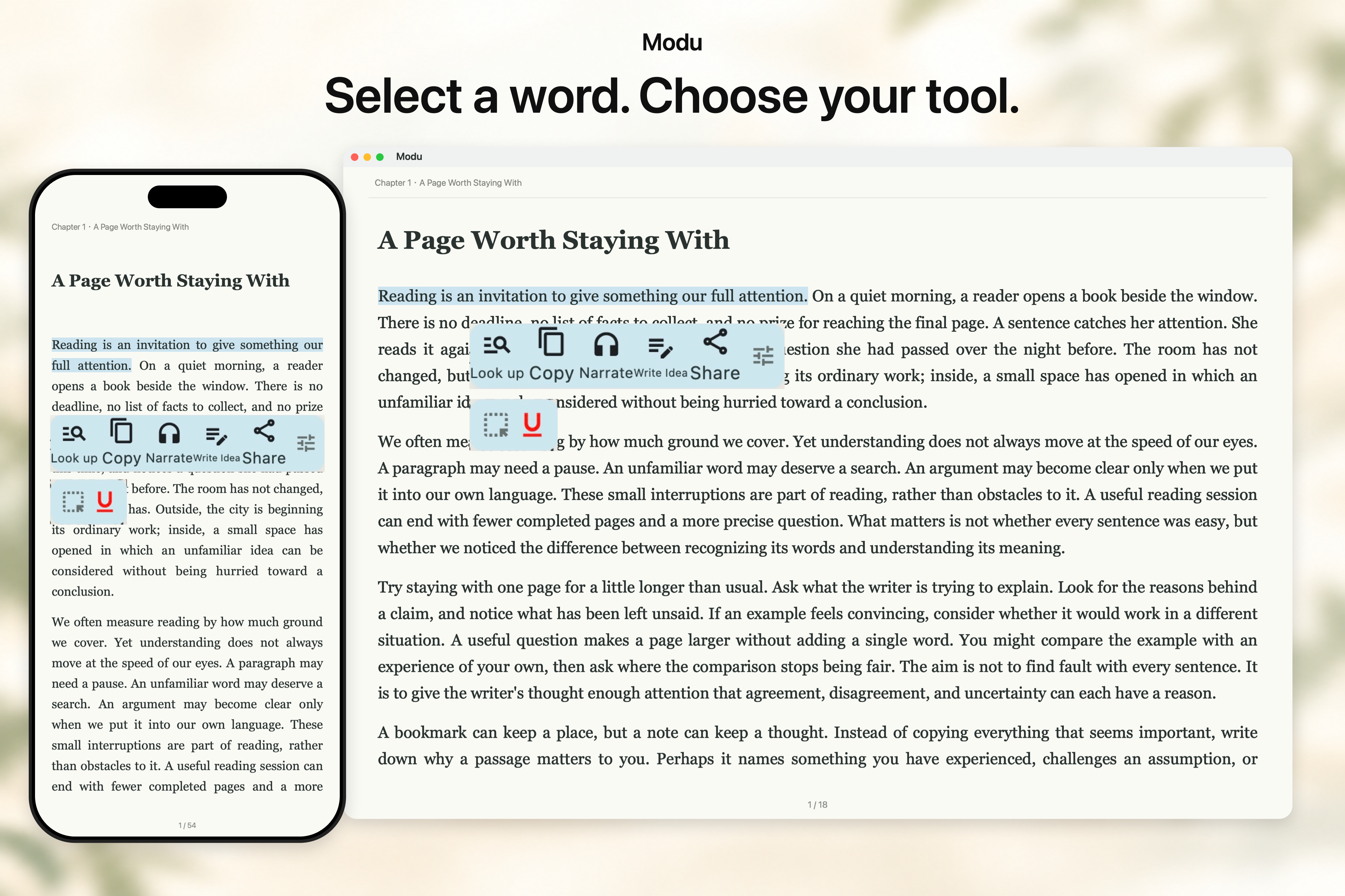 The same passage selected on iPhone and Mac with the actual selection toolbar