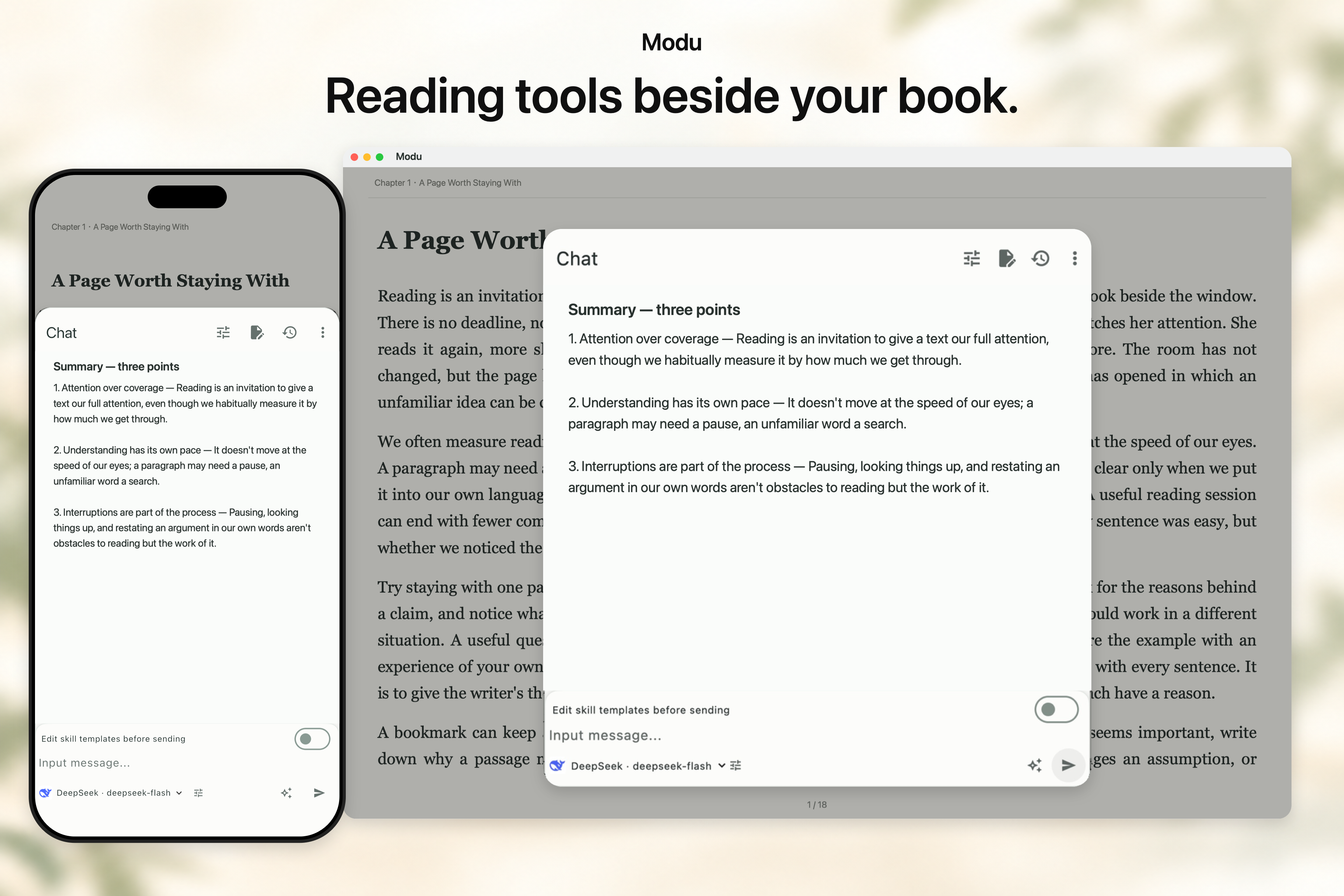 Demo-chapter summaries in the actual iPhone and Mac AI dialogs