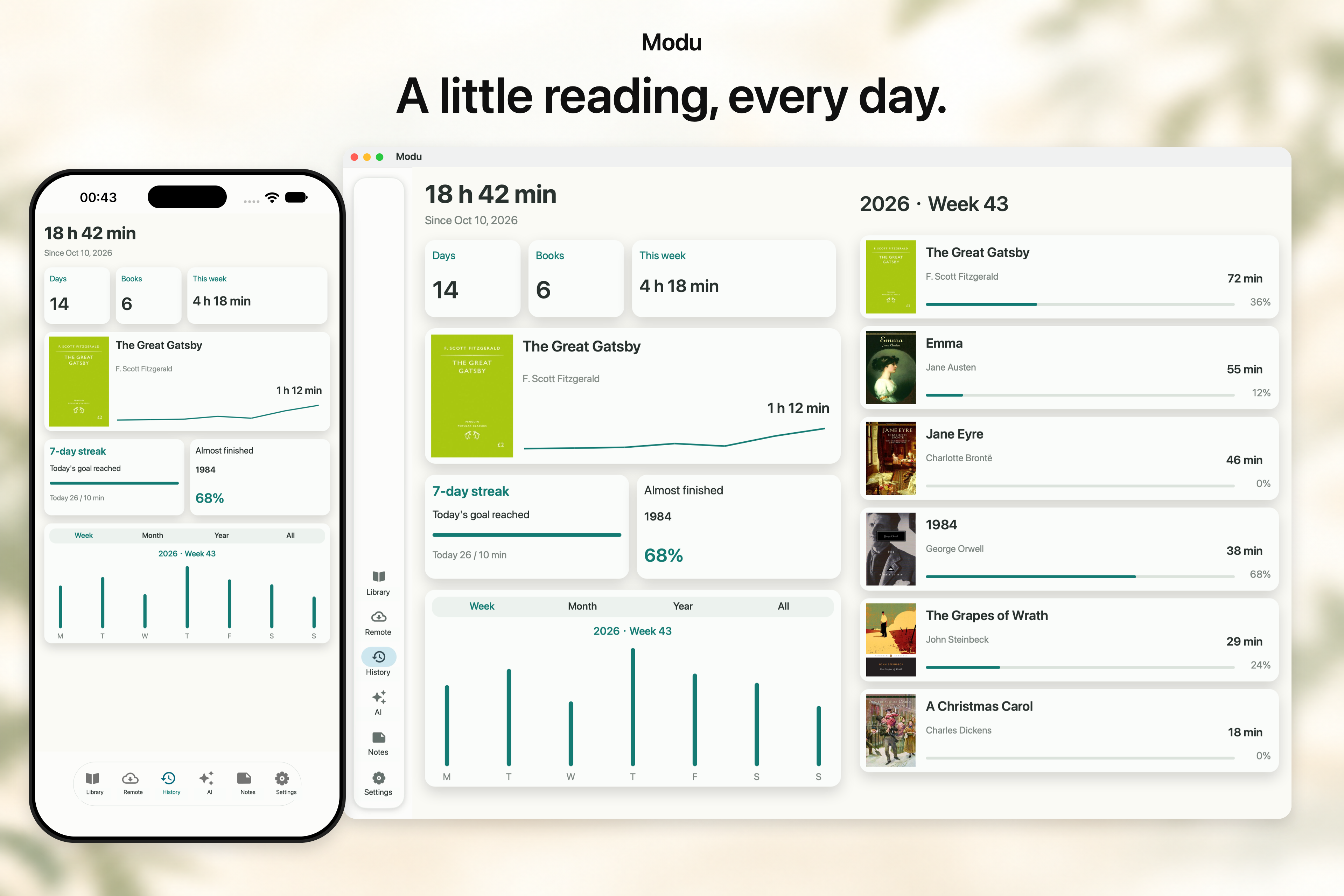 History on iPhone and Mac with classic bookshelf books and simulated reading records