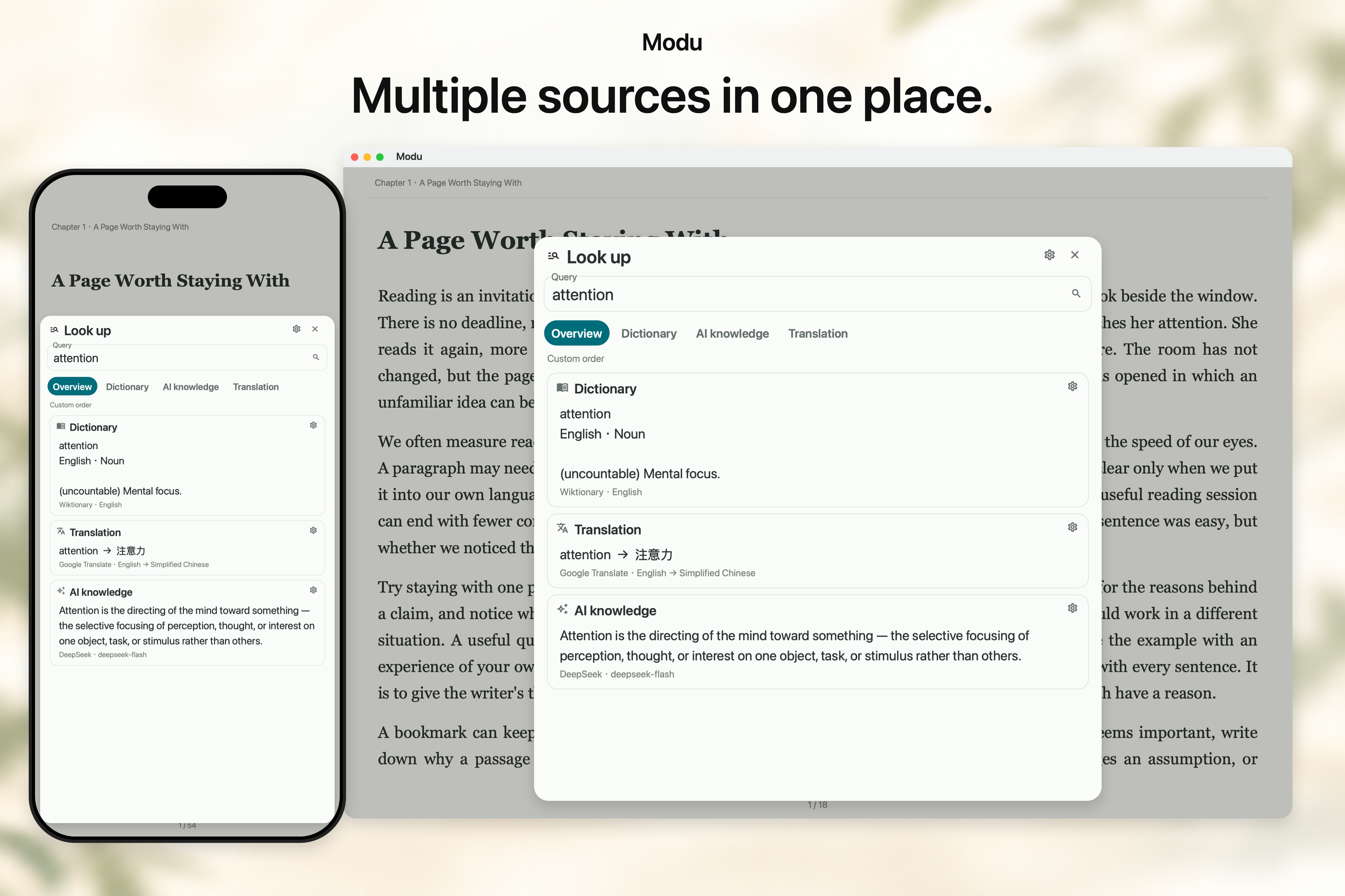 The same query on iPhone and Mac, with dictionary, translation and AI Knowledge cards in Overview