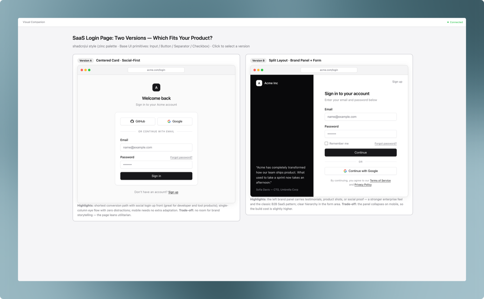 Two shadcn/ui-style login page variants rendered as a clickable comparison screen