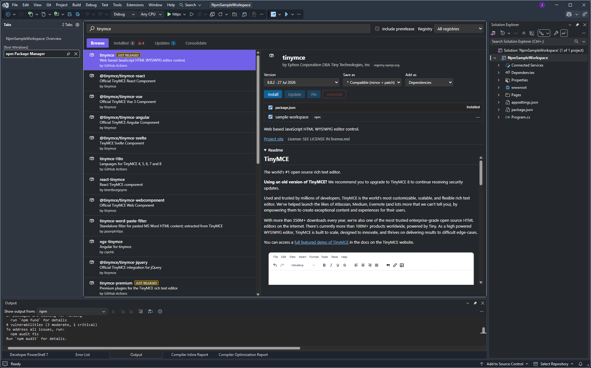 Browse the npm registry from a docked tool window, with a version and dependency-type picker