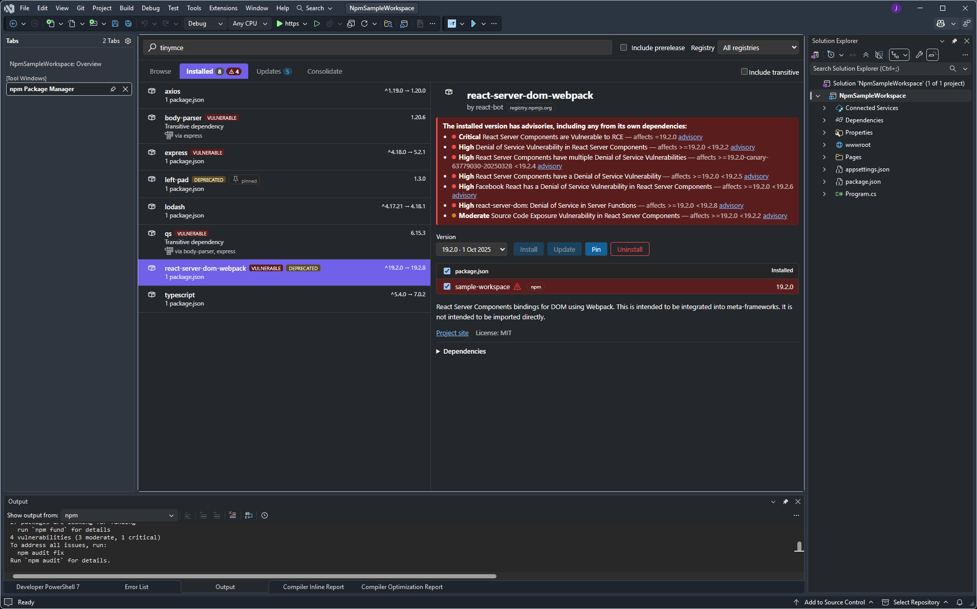 Installed packages with a vulnerable transitive dependency resolved and listed with its full advisory chain