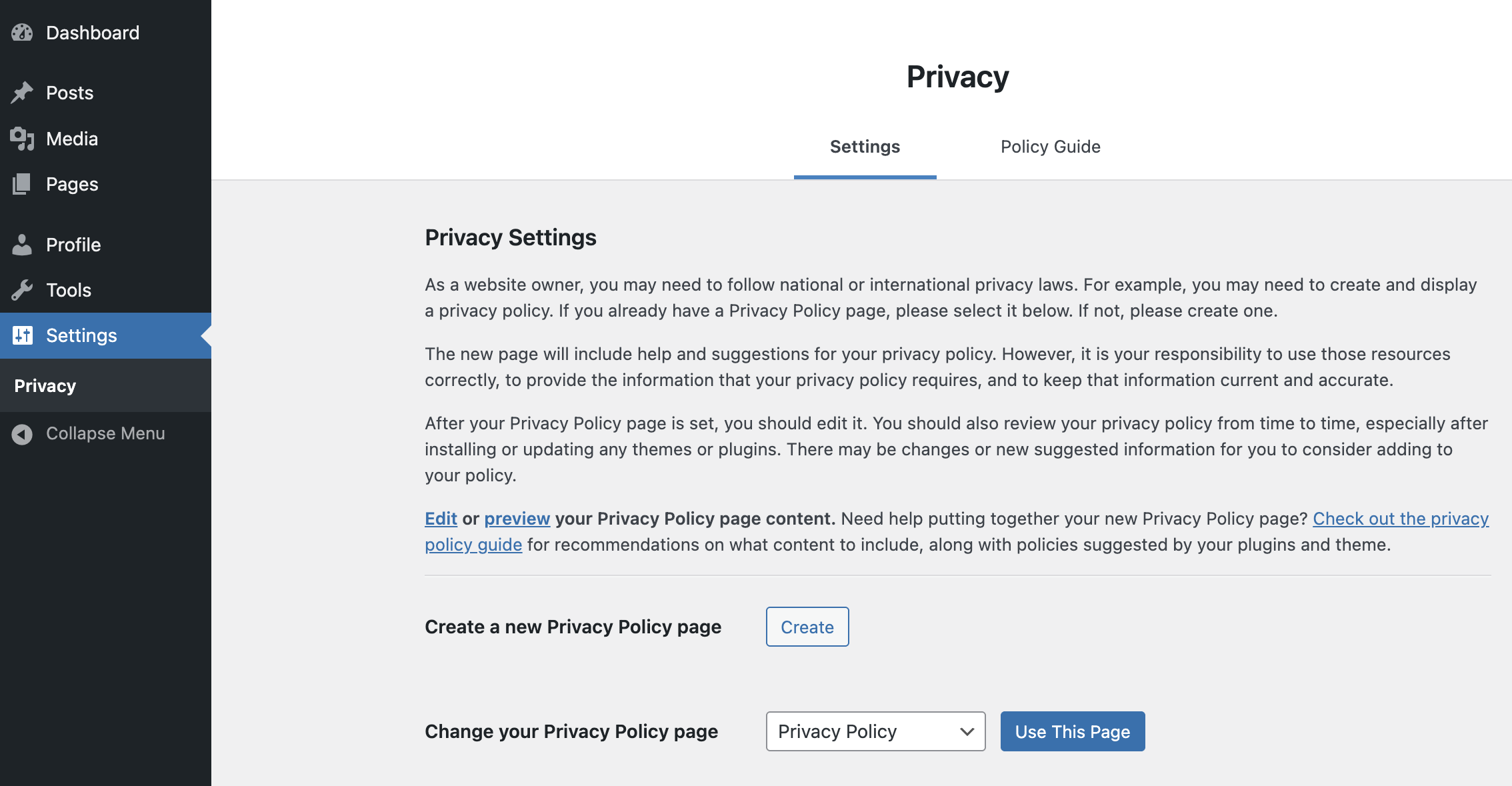 Screenshot of the Privacy submenu added under Settings for Editors