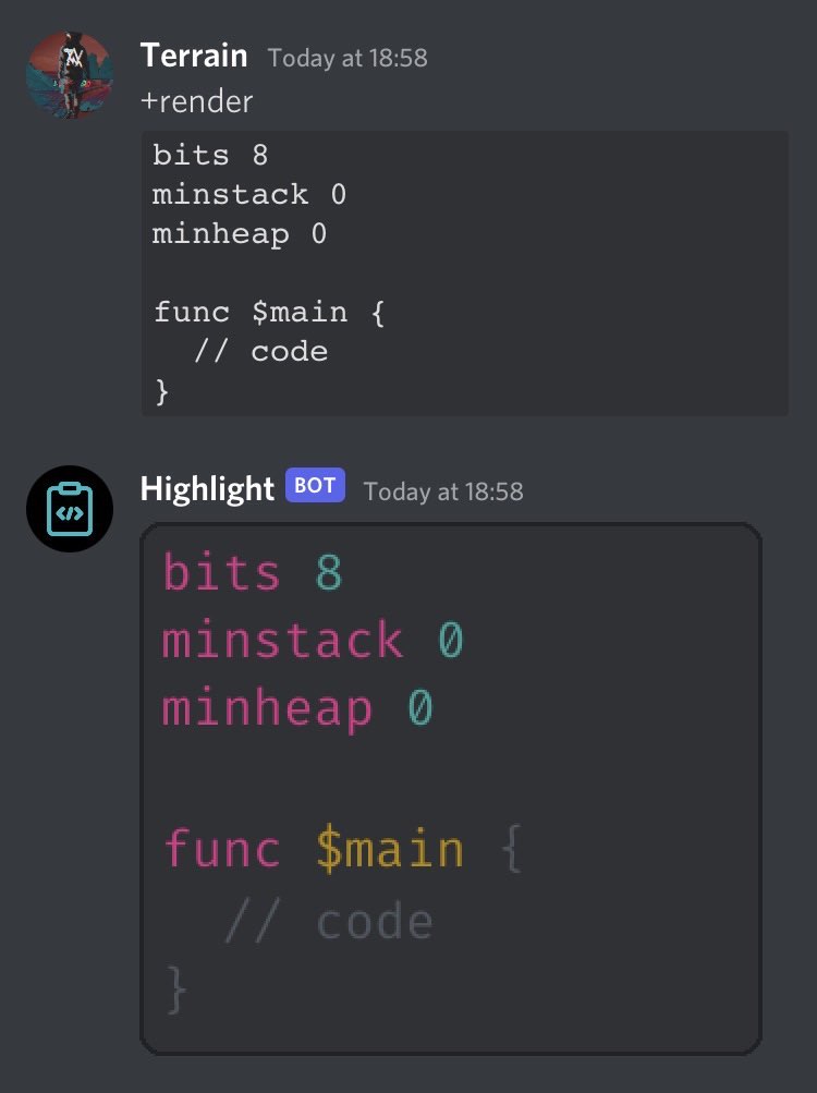 The above code, highlighted and rendered by my bot, to look like a discord codeblock