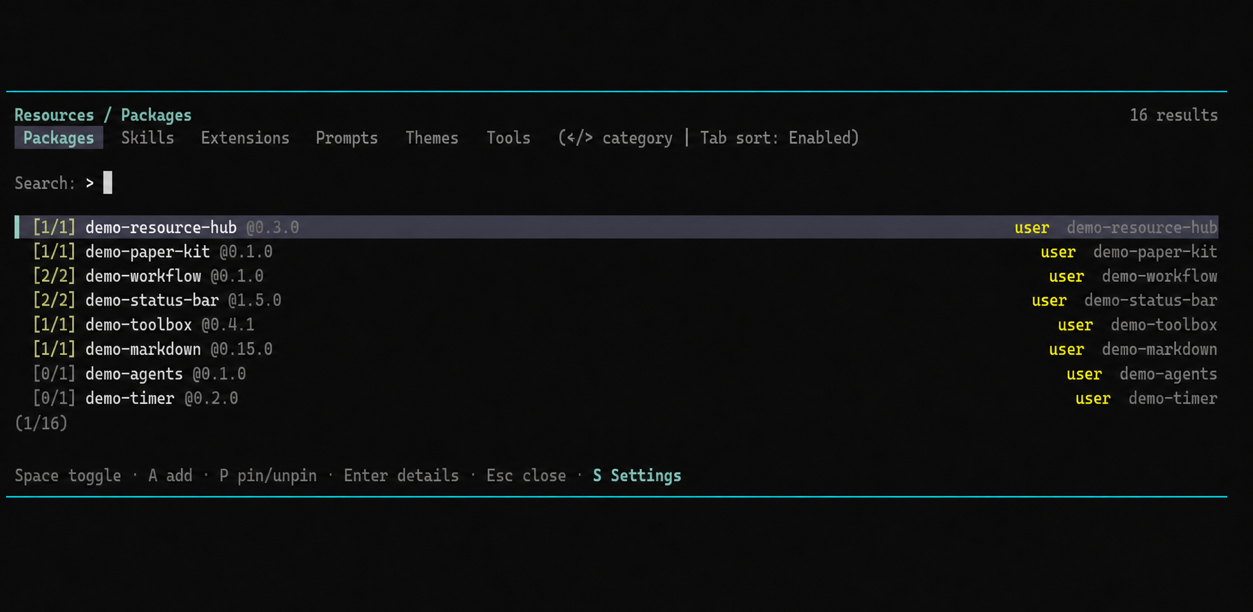 Resource Center browser — Packages tab