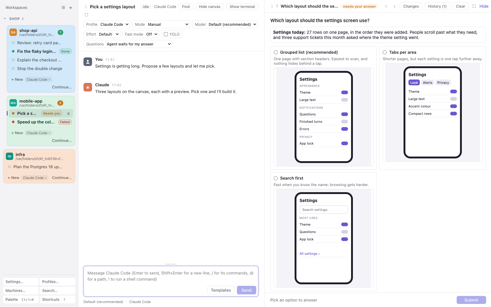 The agent asks which settings layout to build, with a phone mockup preview for each option