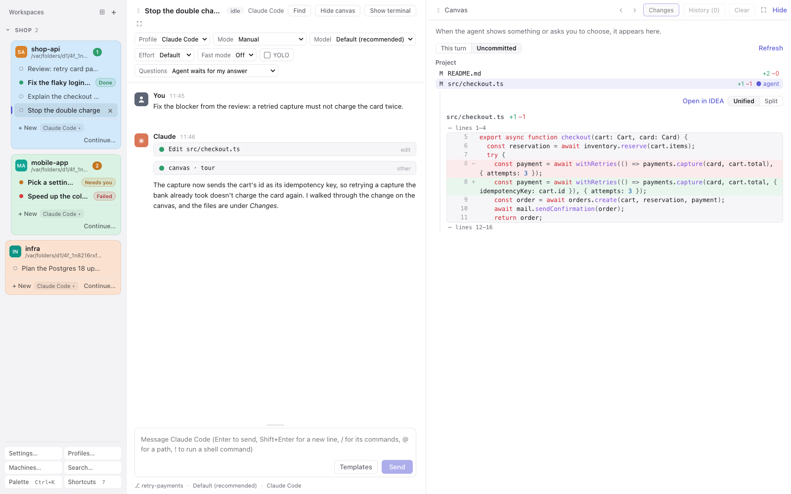 The Changes view on the canvas: the uncommitted files of shop-api, the agent's edit of src/checkout.ts marked and open under its row