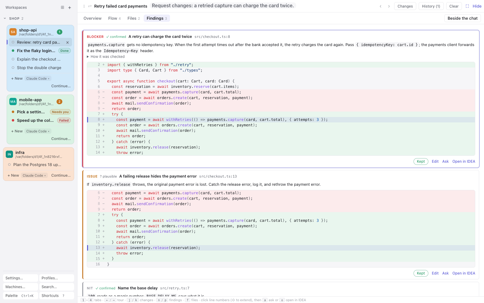 The review's findings tab: a blocker, an issue and a nit, each with its lines