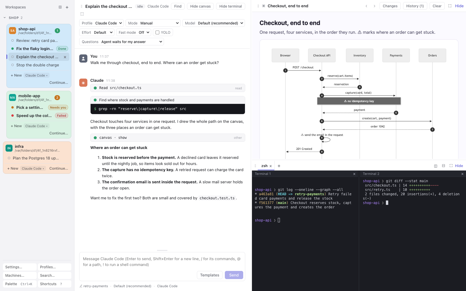 Two terminals side by side under the conversation: git log on the left, git diff --stat on the right