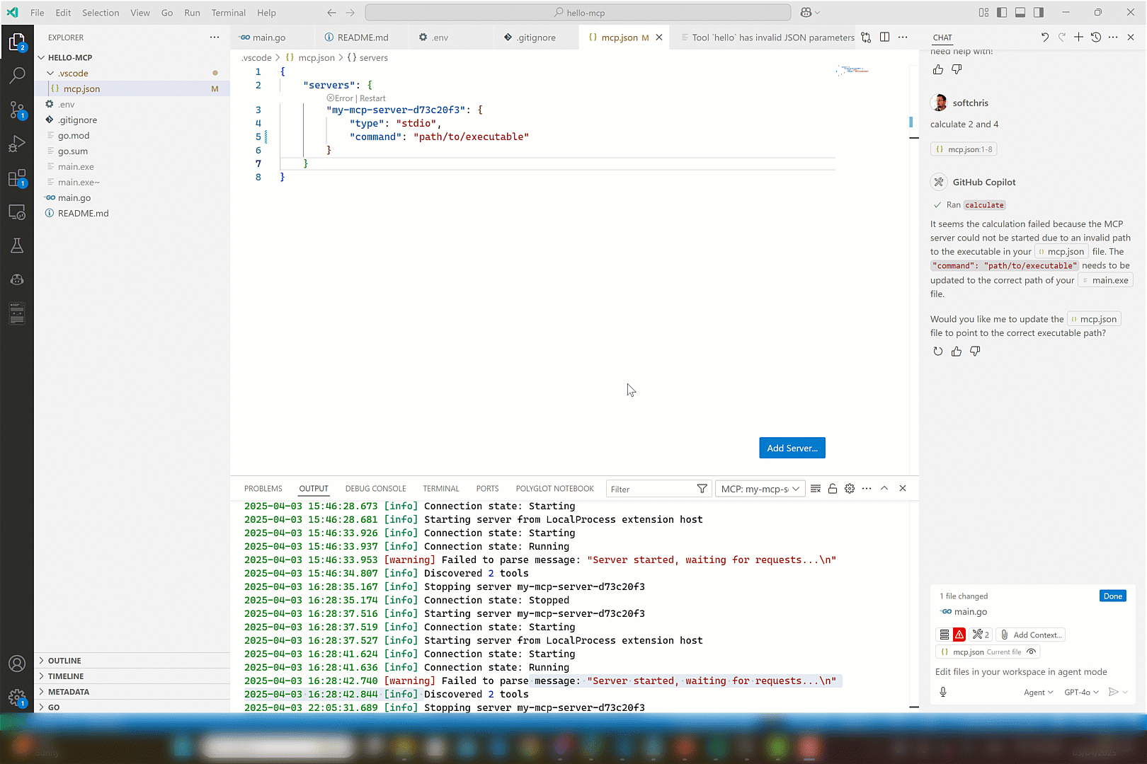 MCP Go conuming it via Visual Studio Code