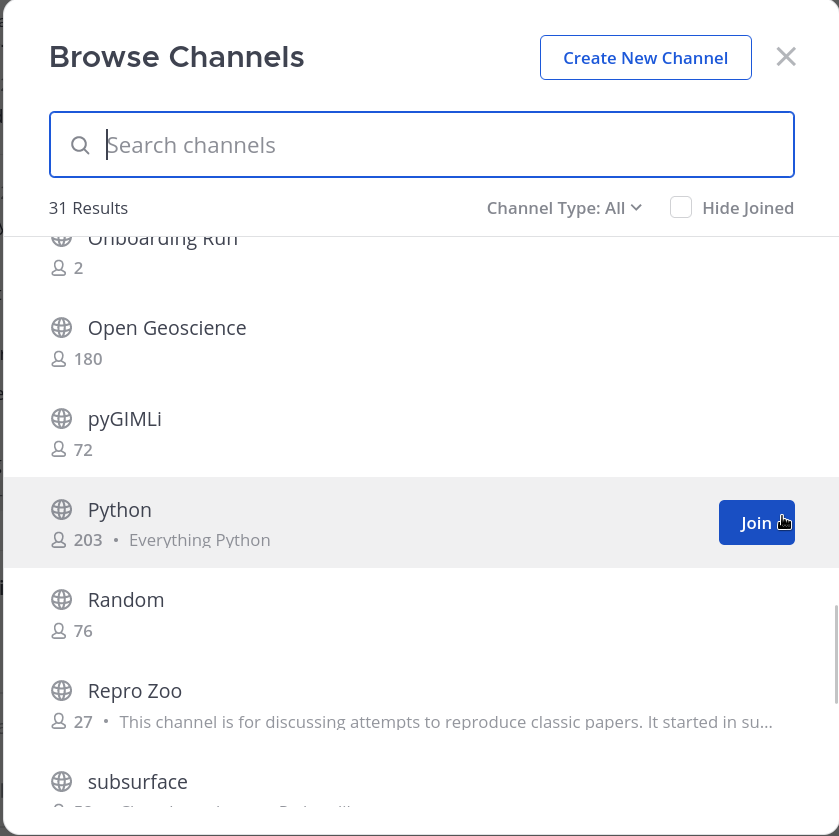 Screen capture showing how to join a channel