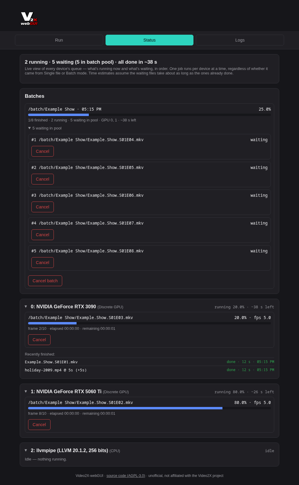 Status tab: two GPUs working through a batch