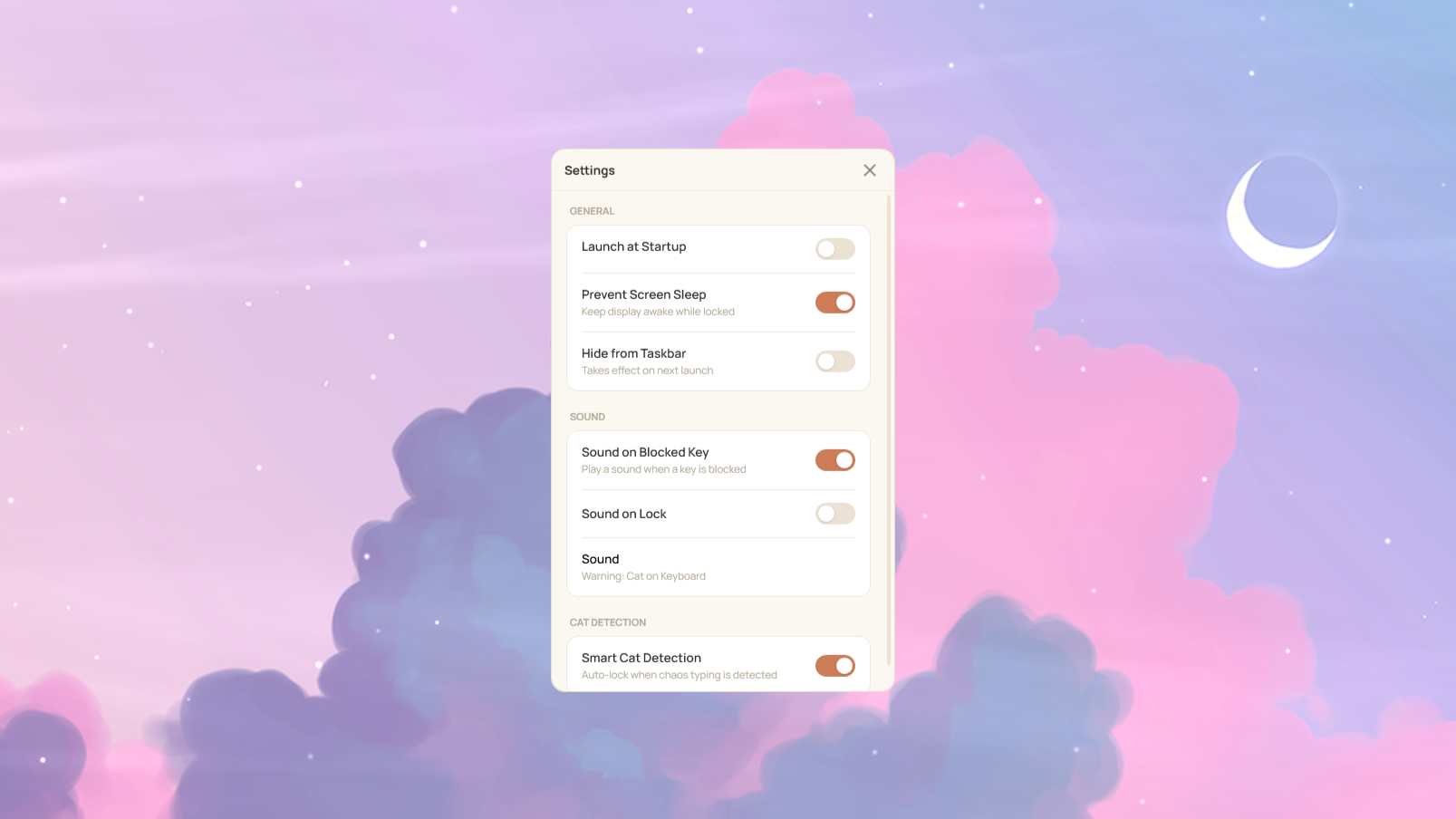 Settings panel