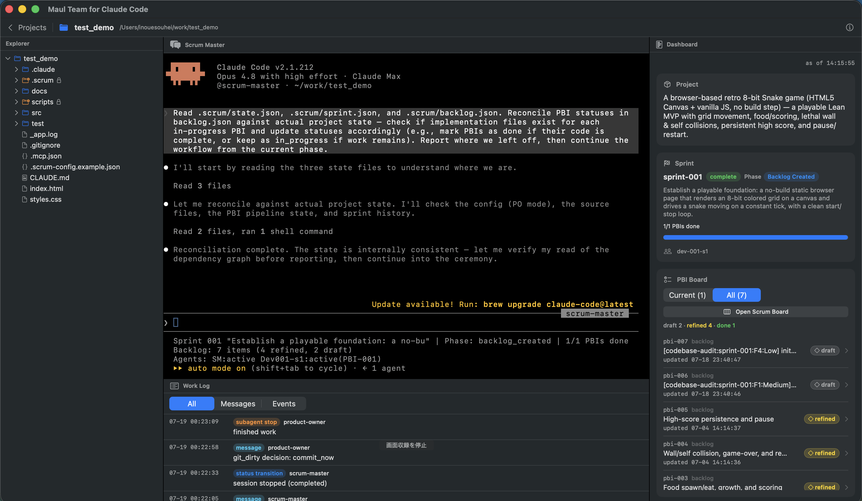 MaulTeam.app — the three-pane workspace