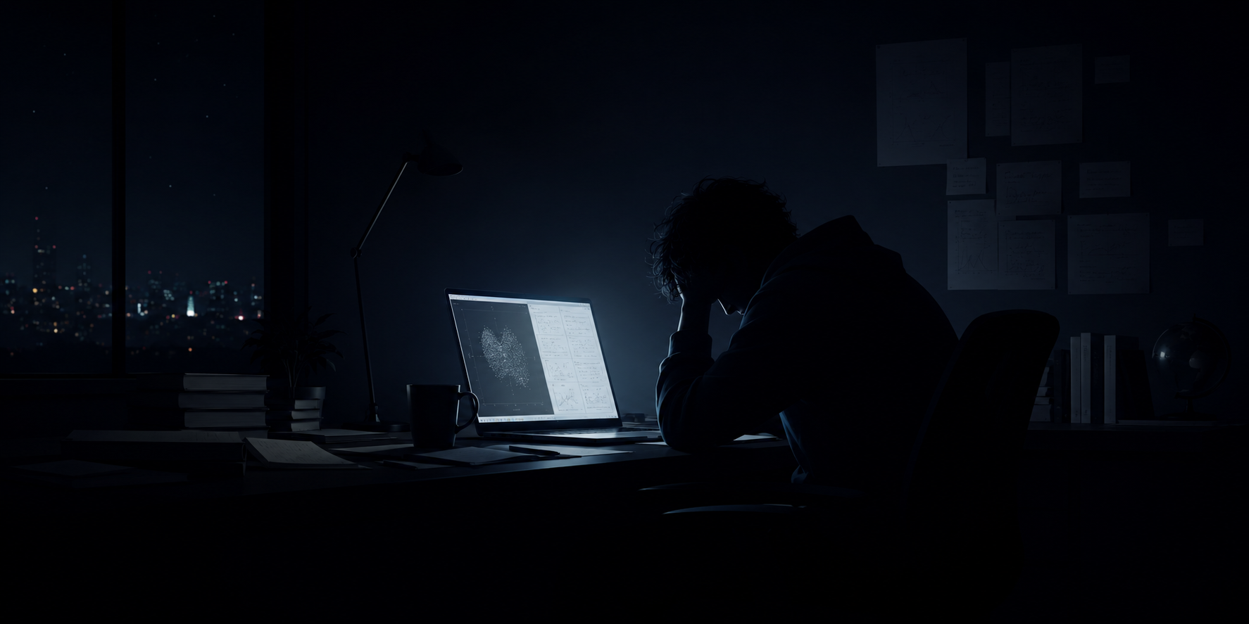 A lone researcher hunched over a glowing laptop, long past midnight