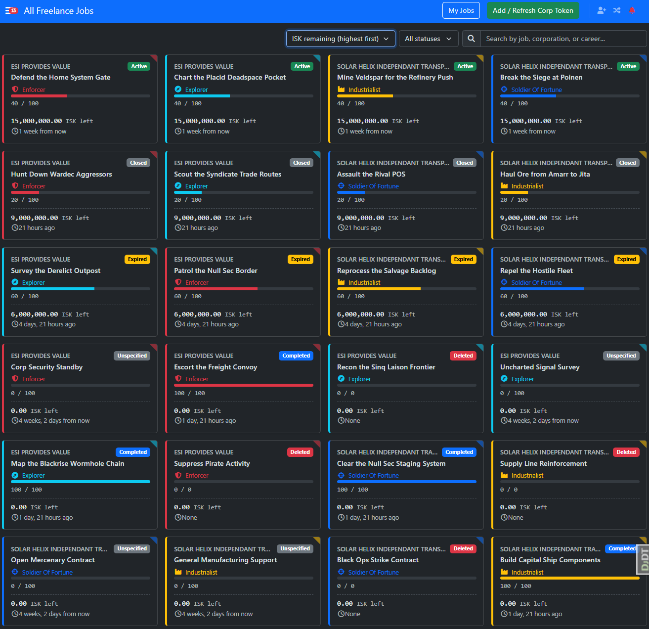Job board with status filter, sorting, and search