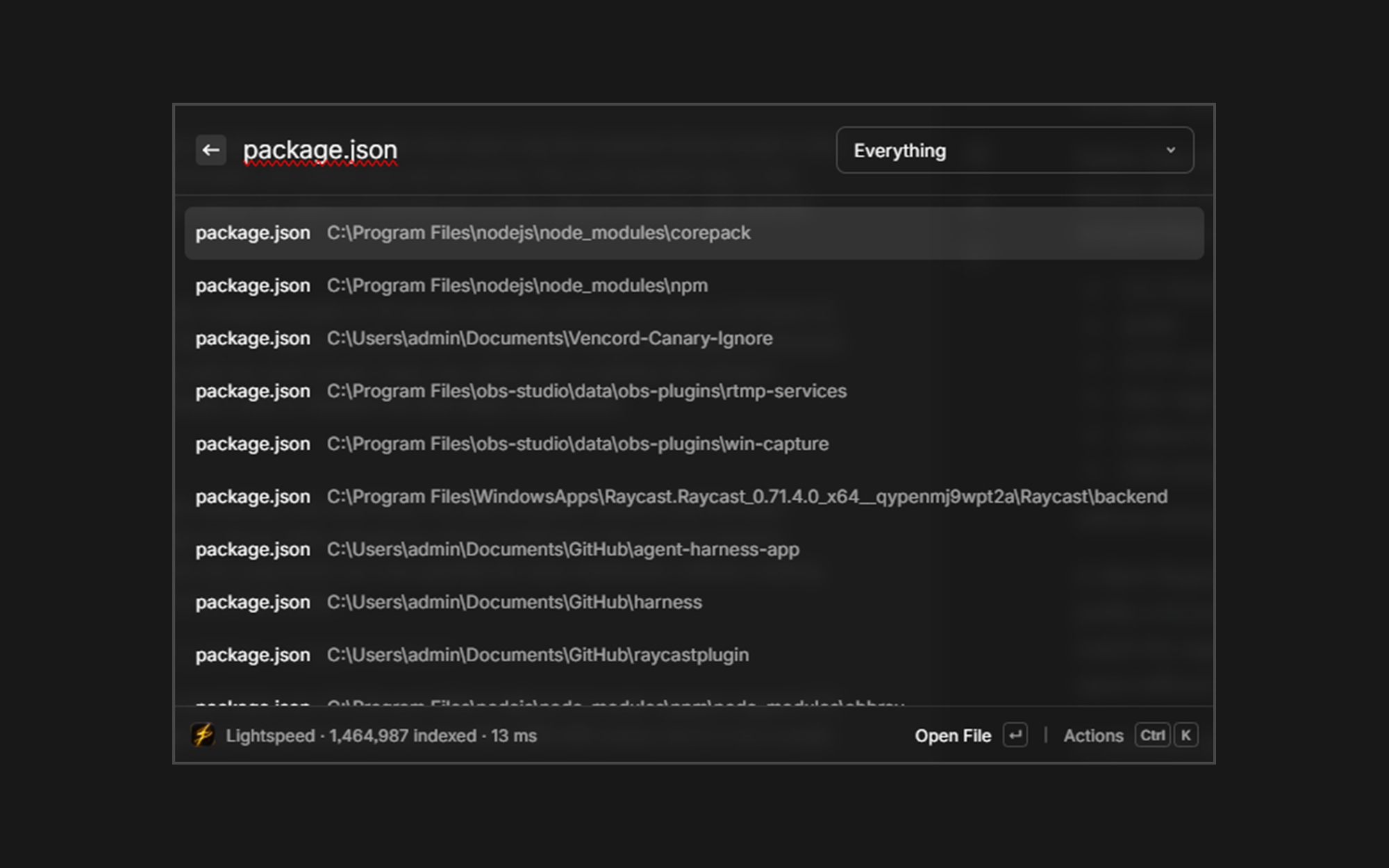 Lightspeed searching 1.46 million indexed files