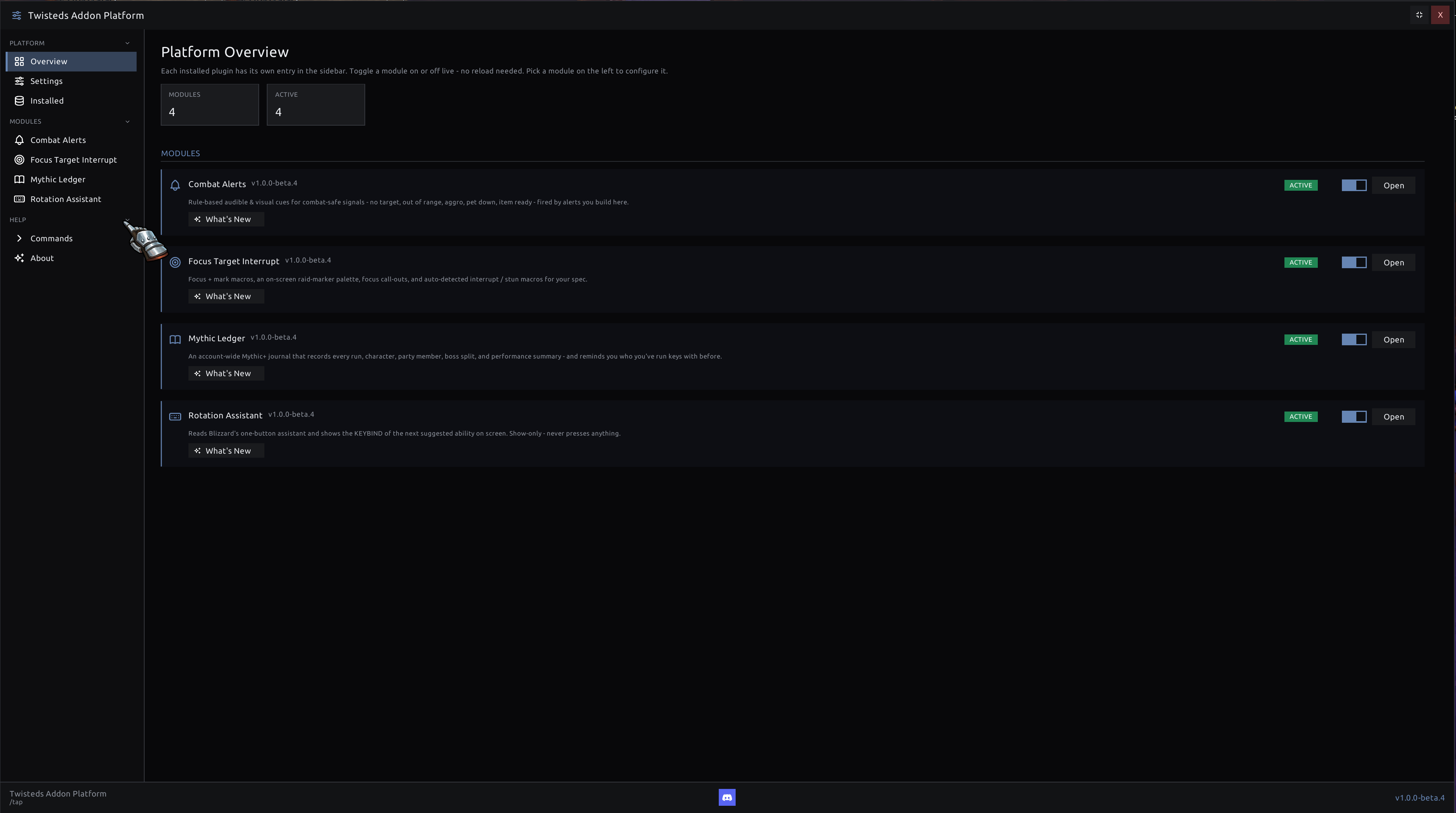 The /tap hub — every module in one window, each with a live on/off switch