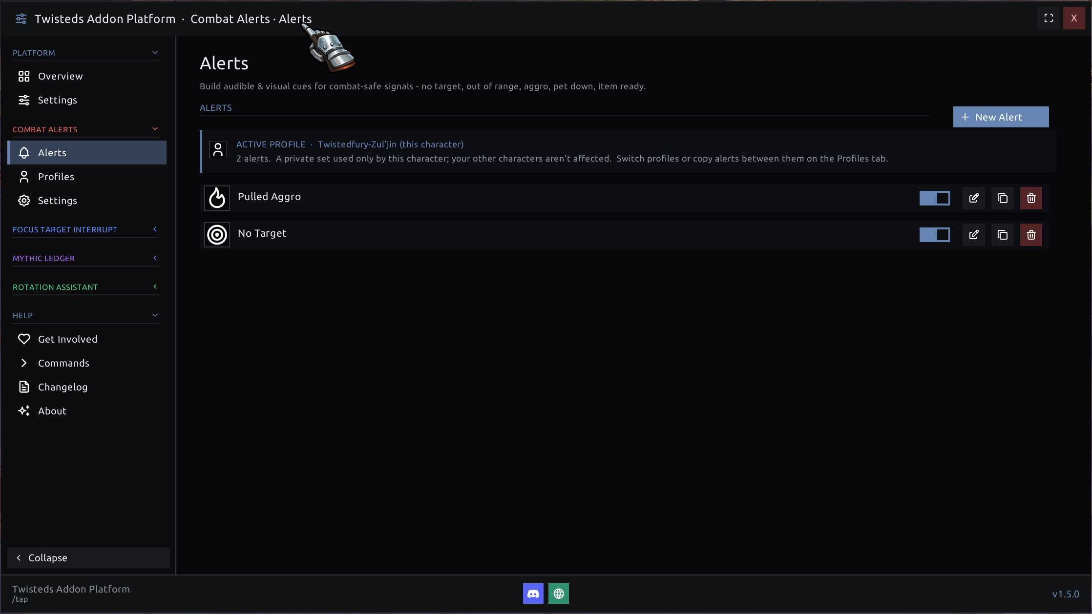 The Combat Alerts list - each alert has a live toggle, its own icon, and the active profile is scoped to the current character