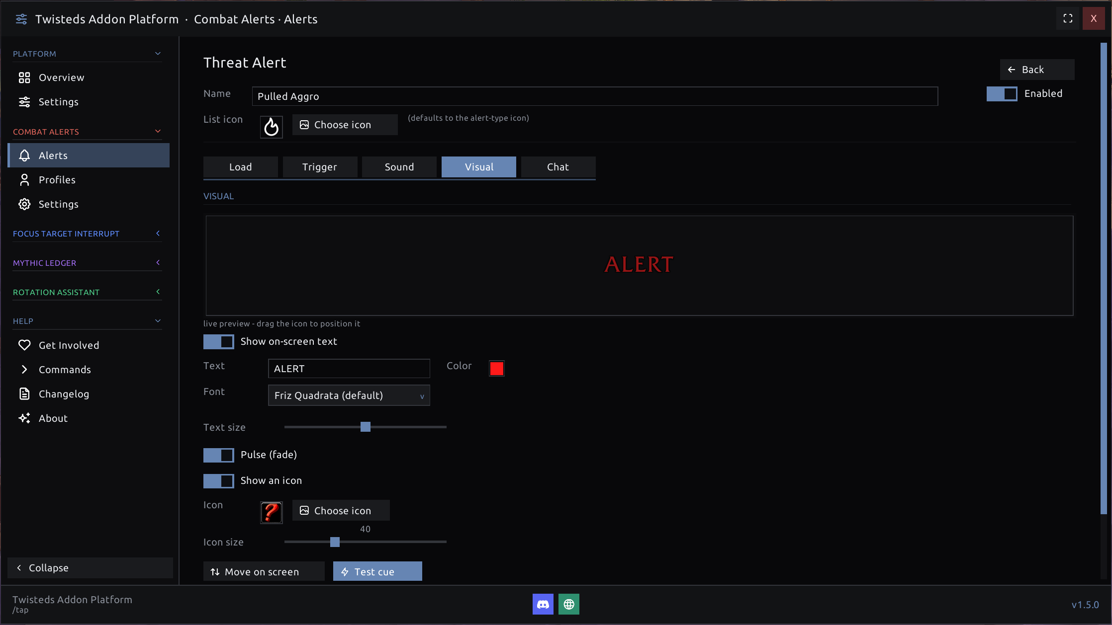 The alert editor - a live on-screen preview with draggable text and icon, plus font, color, pulse, and Test cue controls