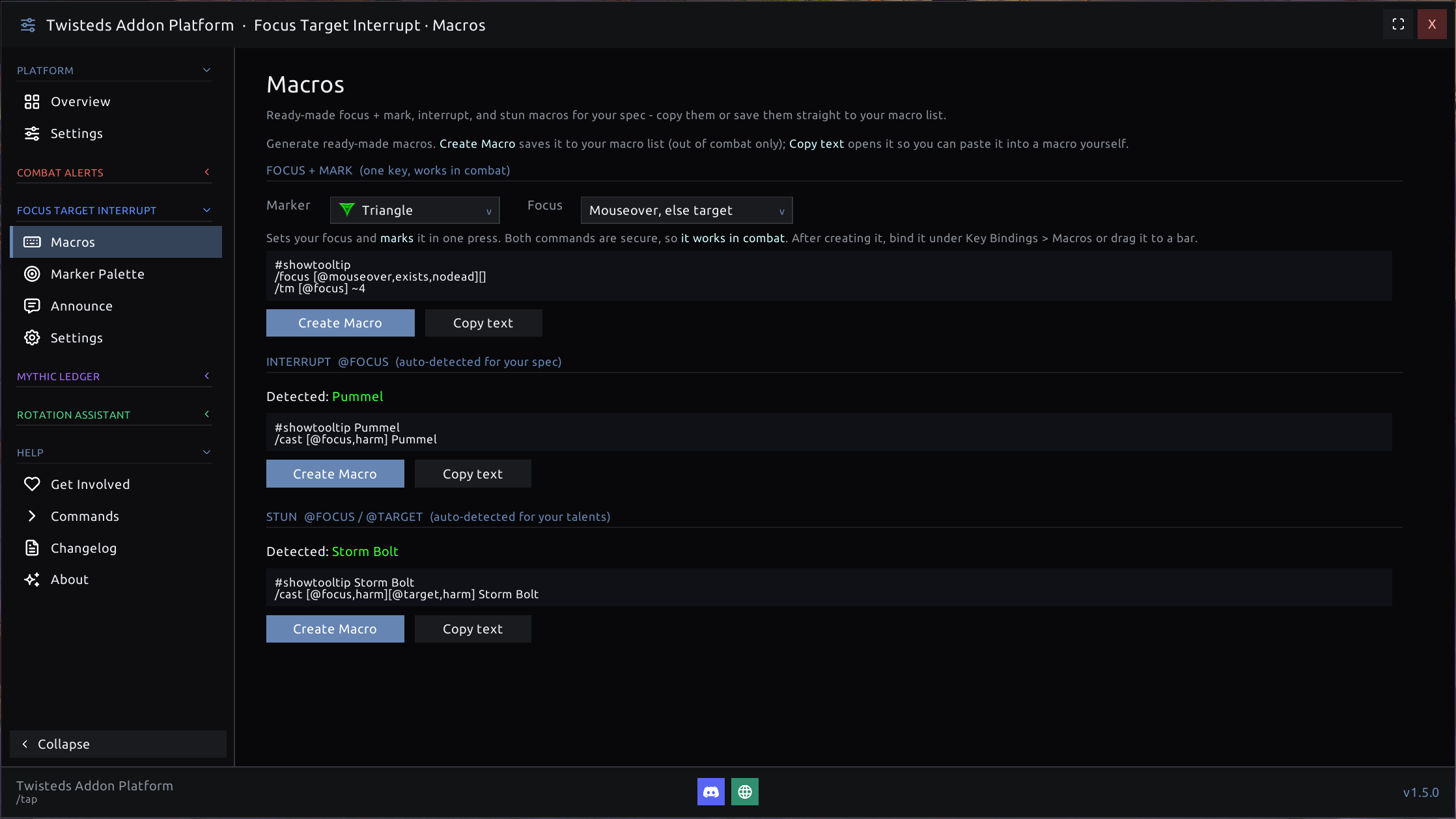 Ready-made macros generated for your spec - a combat-safe Focus + Mark, plus Interrupt and Stun macros with your actual kick and stun auto-detected (Pummel, Storm Bolt)