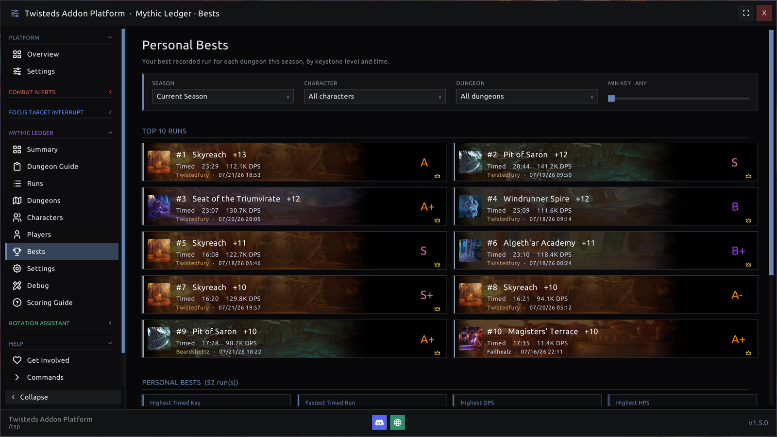 Personal Bests - your top 10 runs of the season, each with its keystone level, time, DPS, and a letter grade from S+ down