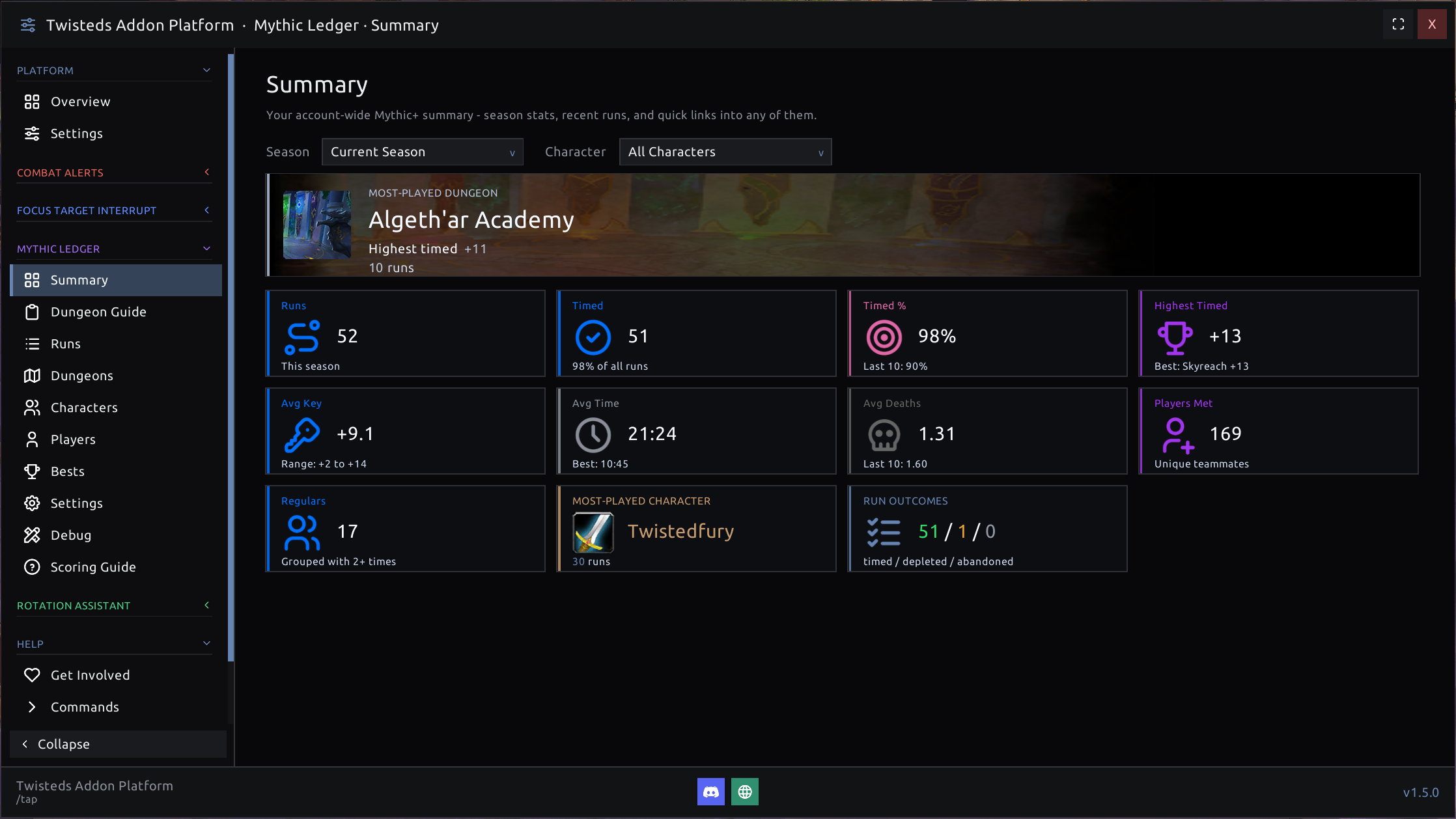 The Summary page - season stats at a glance: runs, timed %, highest key, averages, players met, and run outcomes