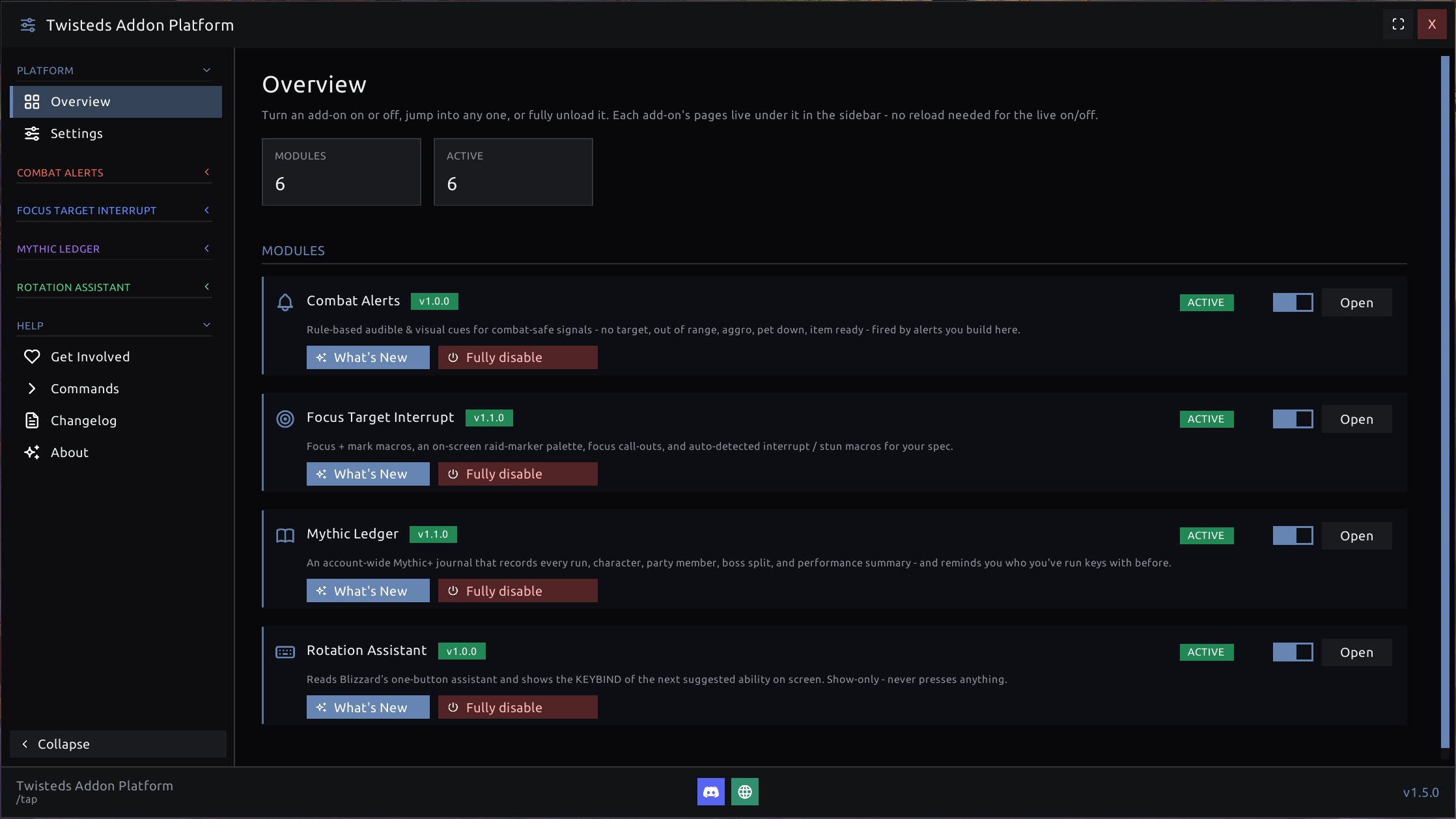 The /tap hub - every module in one window, color-coded in the sidebar, each with a live on/off switch and its own version badge