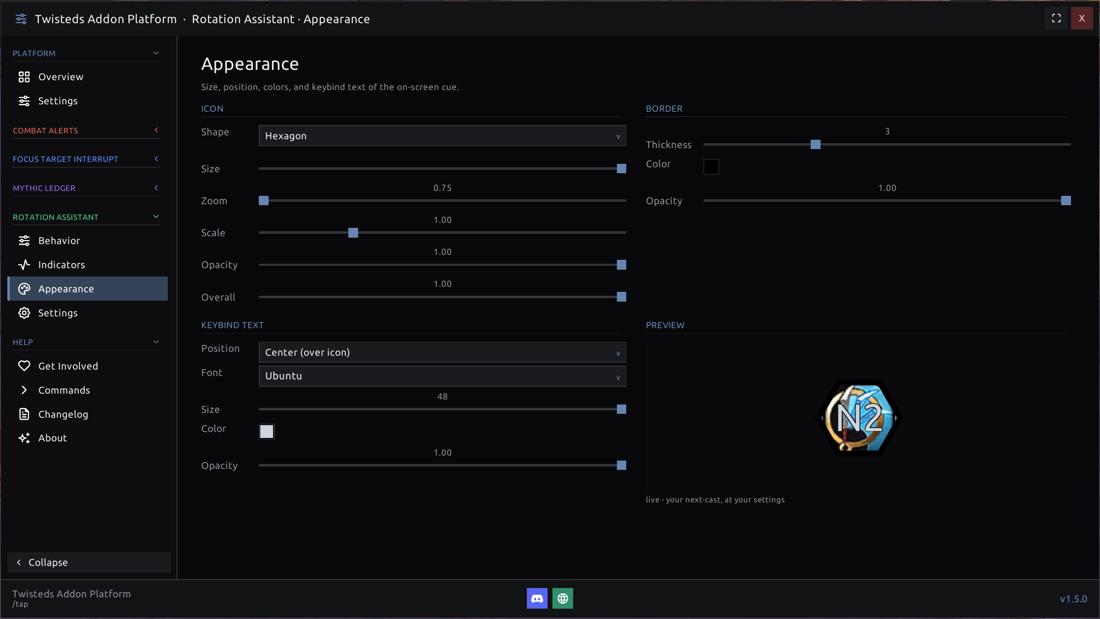 Appearance controls - icon shape, size, zoom, border, and keybind-text styling, with a live preview of your next-cast cue