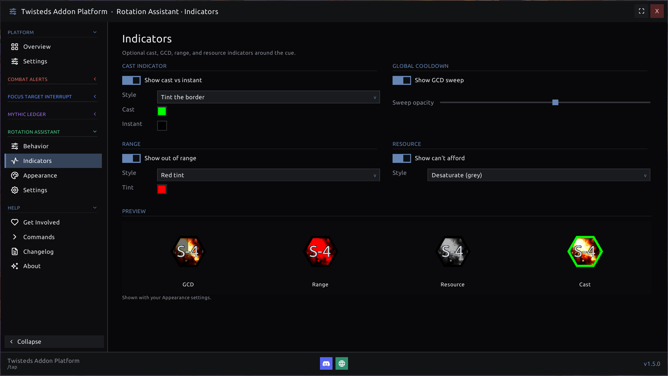 Optional indicators around the cue - cast-vs-instant border tint, GCD sweep, out-of-range tint, and can't-afford desaturation, each shown in a live preview