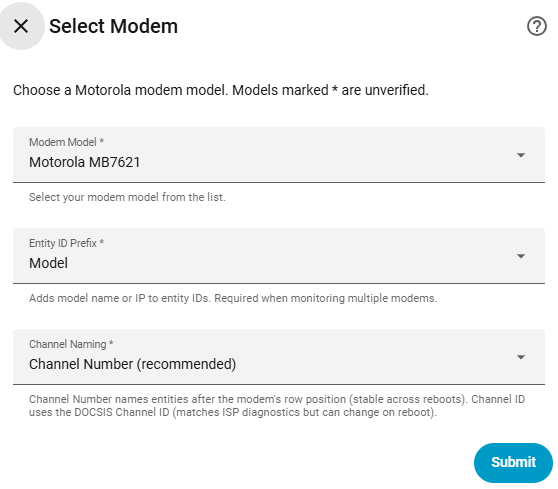 Setup step 2: select modem and channel naming