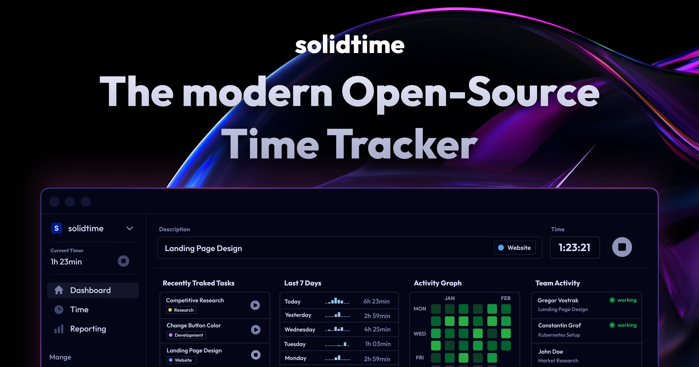 Screenshot of the solidtime application with header: solidtime - The modern Open-Source Time Tracker