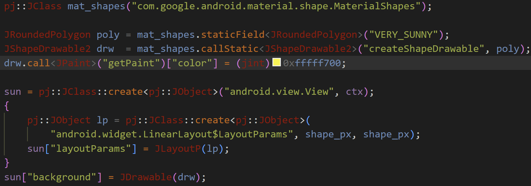 Swatches shown inline next to hex color literals