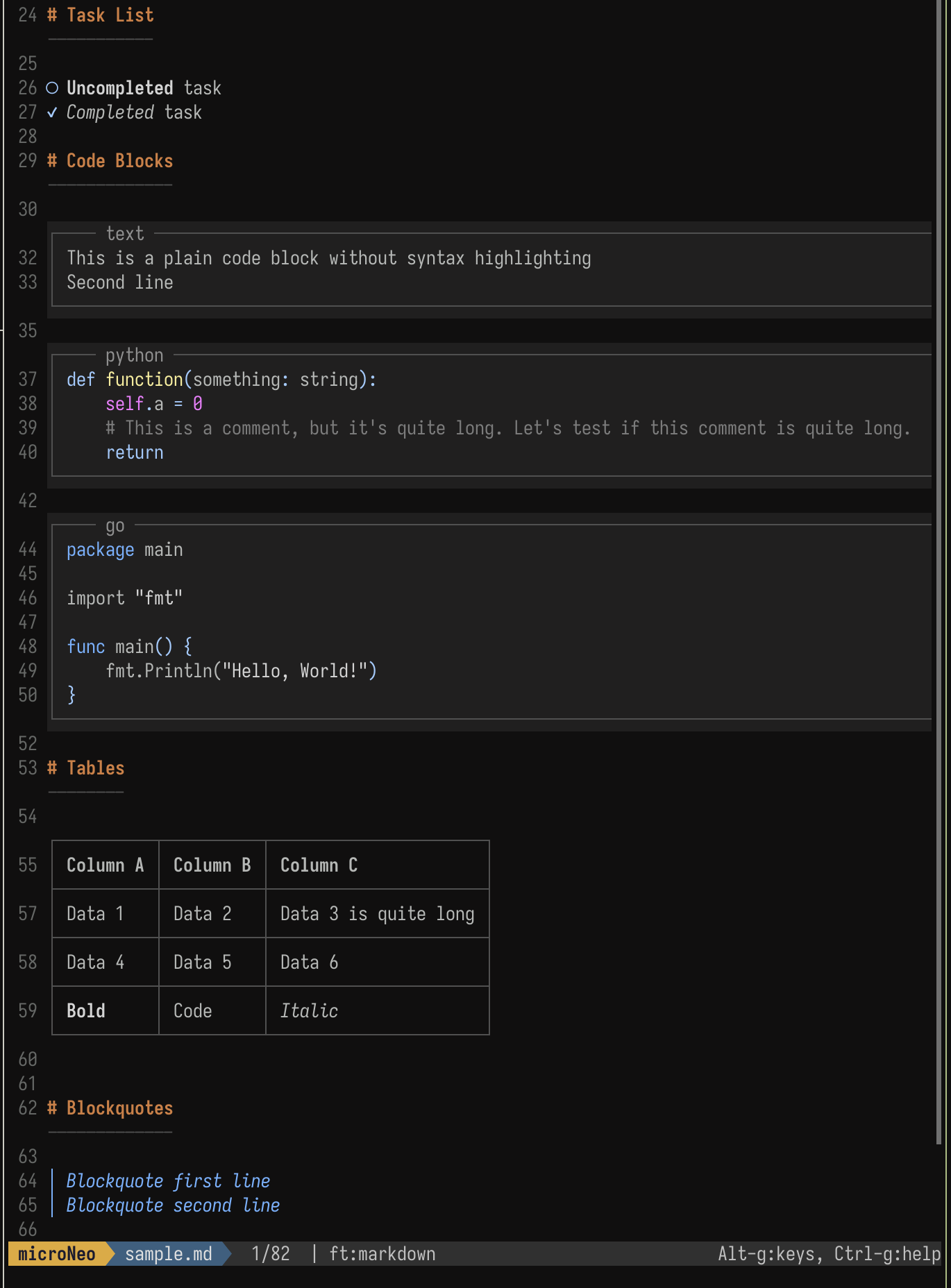 microNeo terminal Markdown editor showing rendered README.md with live preview and syntax highlighting