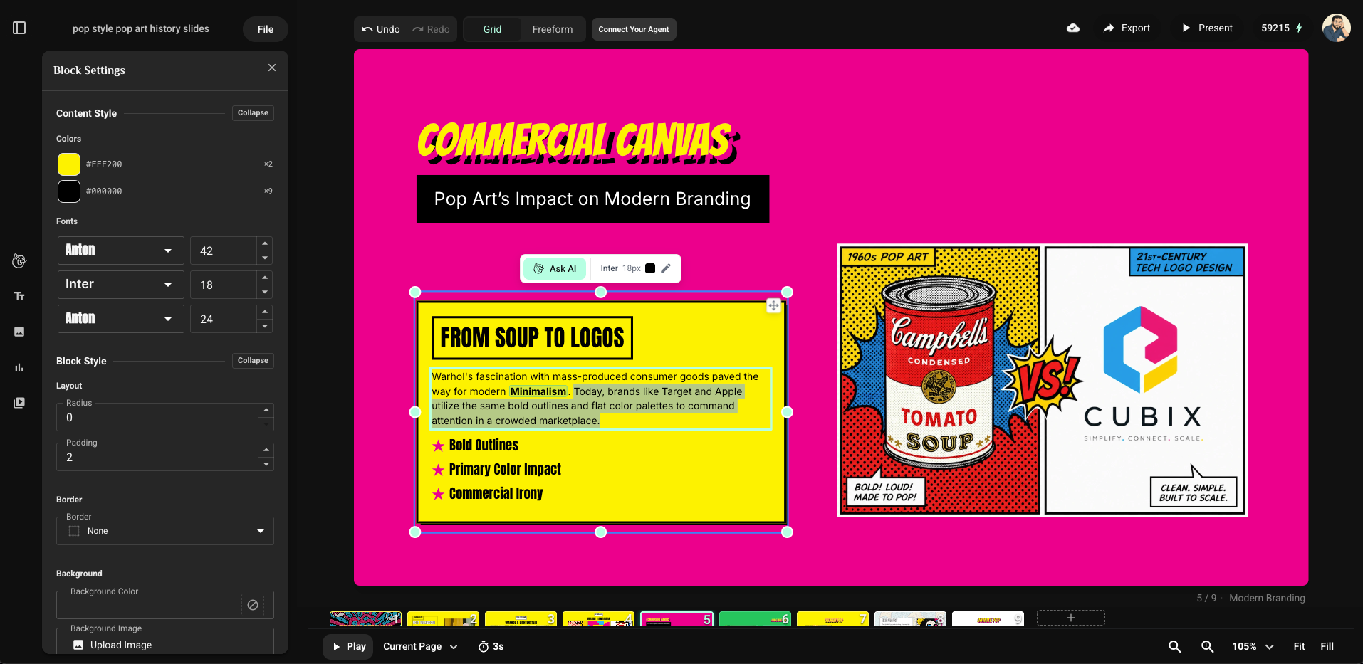 Editable presentation canvas in Flato