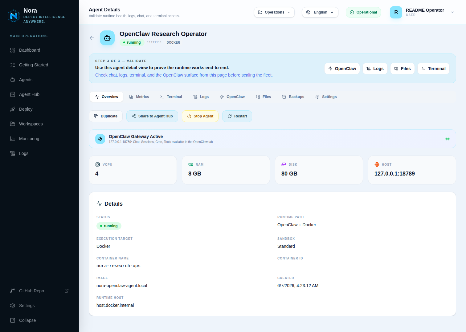 Nora agent detail and operations view