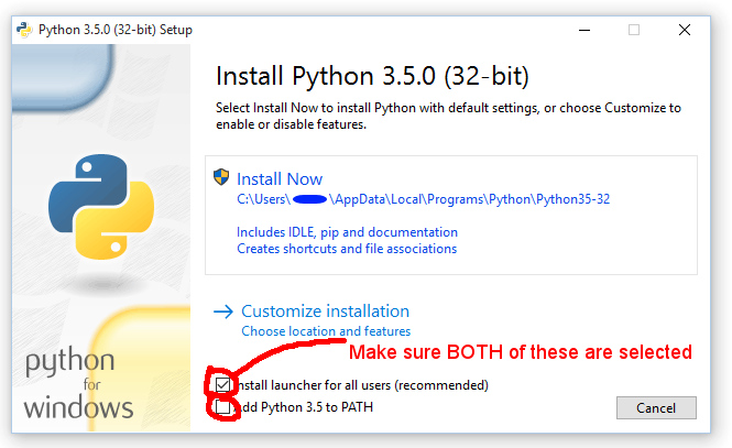 The Python path checkbox is at the bottom of the dialogue box