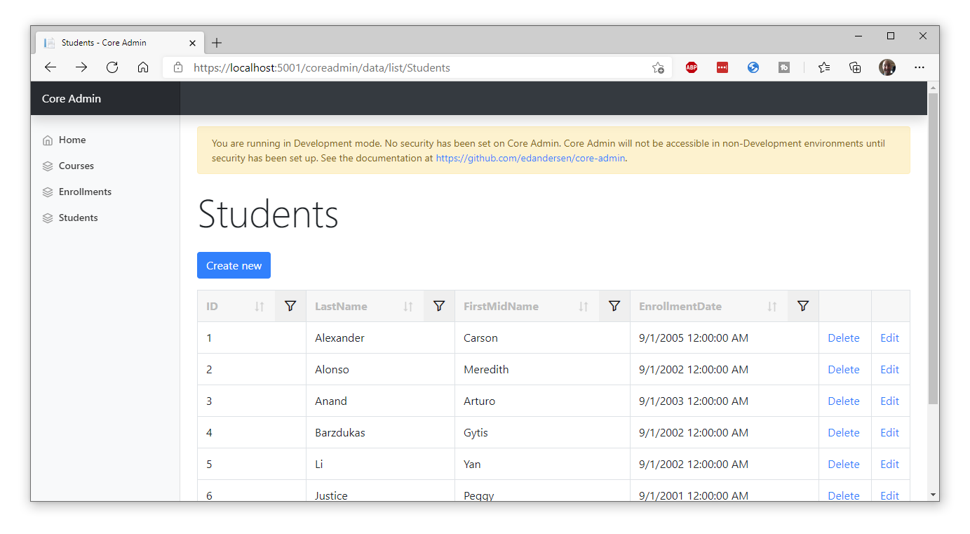 Screenshot of core admin