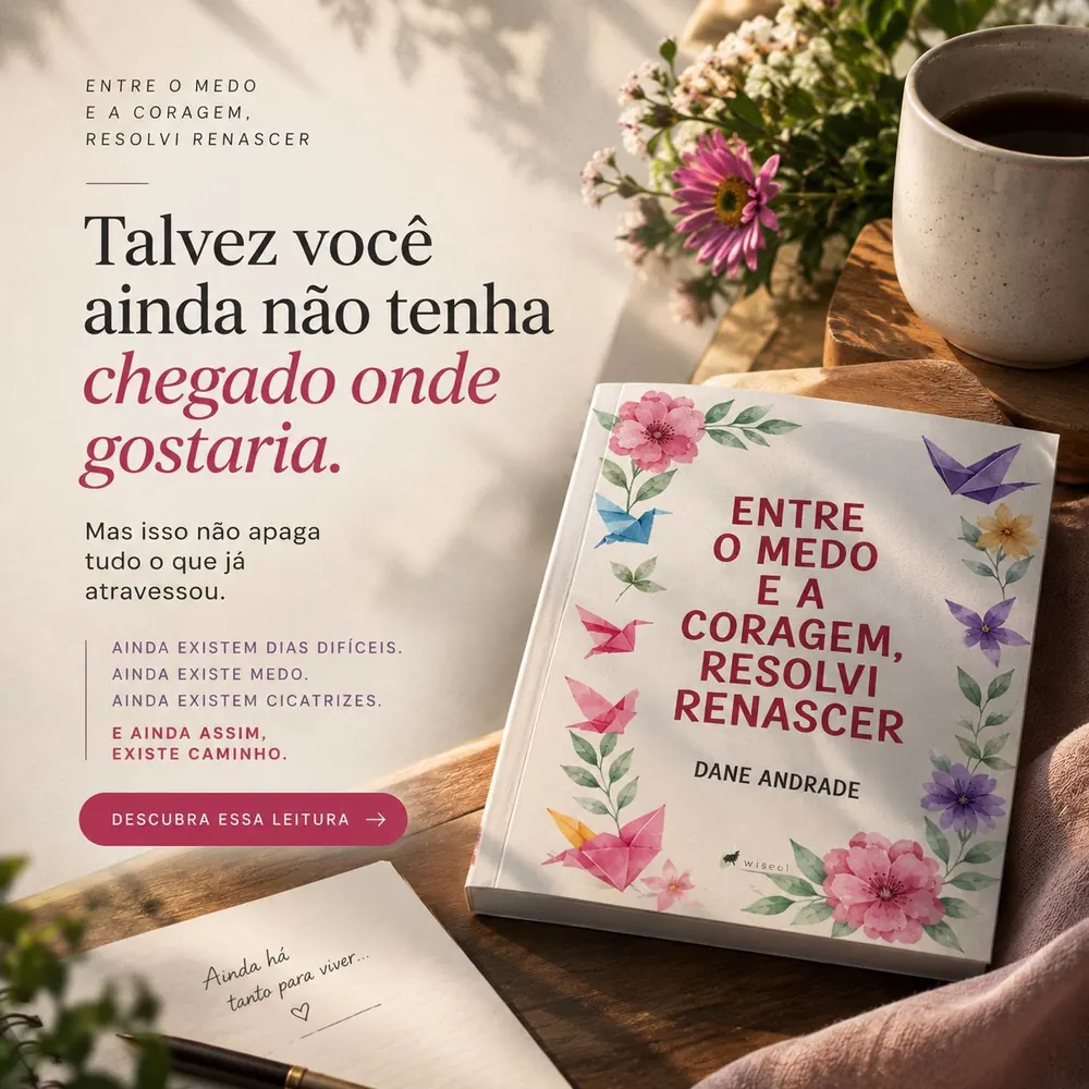 Talvez você ainda não tenha chegado onde gostaria. Ainda existem dias difíceis, ainda existe medo, ainda existem cicatrizes. E ainda assim, existe caminho. Livro Entre o Medo e a Coragem, Resolvi Renascer, de Dane Andrade