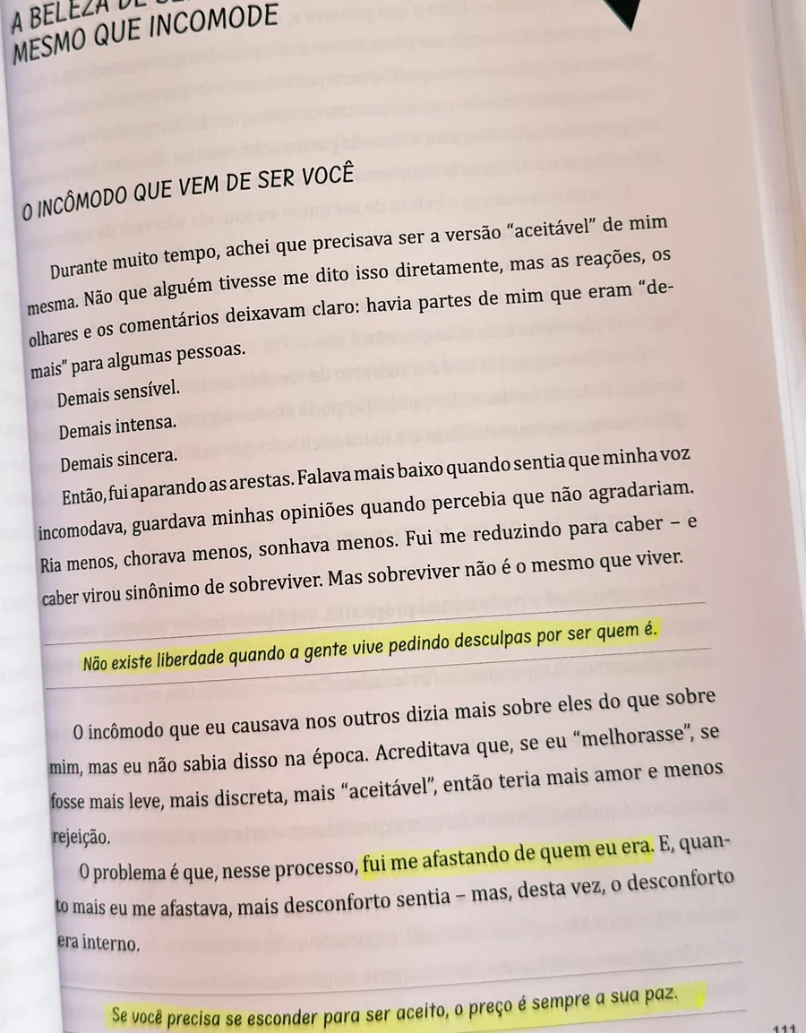 Página 111 do livro, capítulo A beleza de ser quem eu sou, mesmo que incomode, com trechos grifados