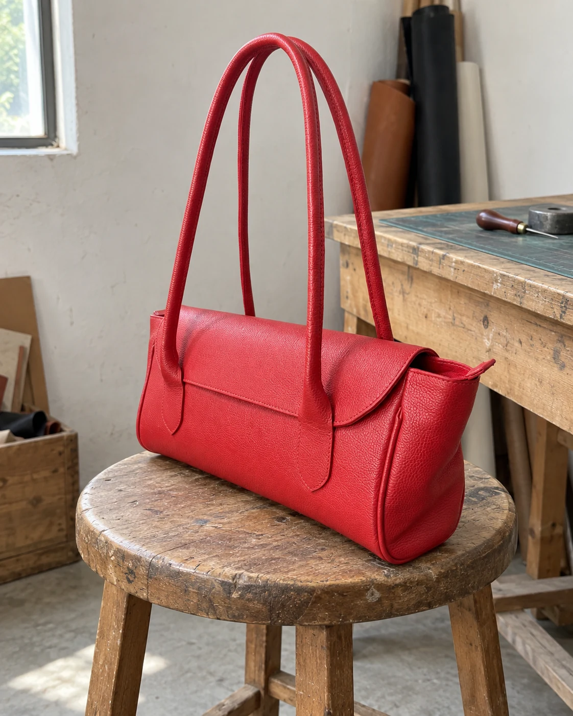 Bolsa baguete vermelha em ângulo lateral mostrando estrutura e caimento